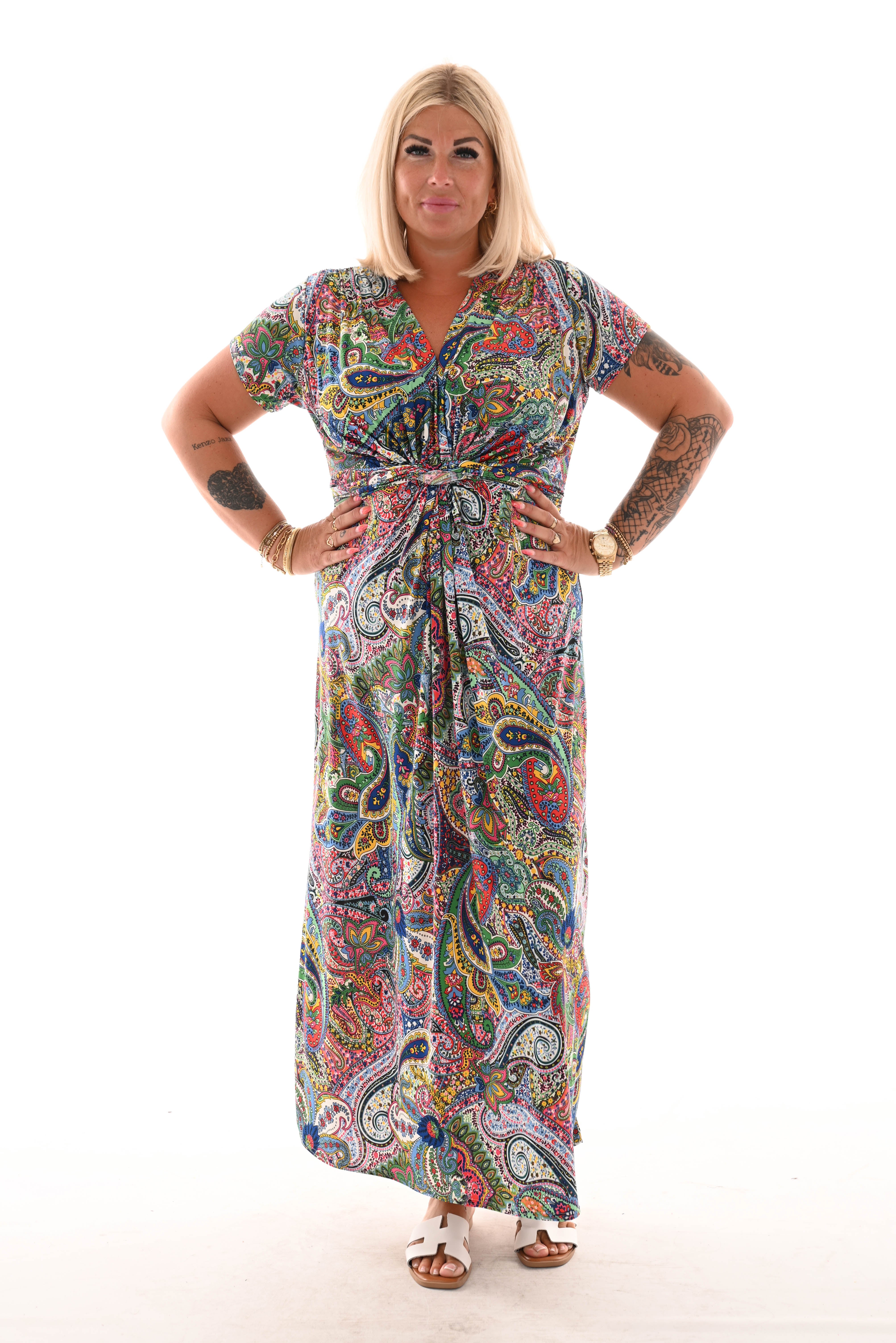 Lange jurk knoopdetail print paisley kobaltblauw/groen