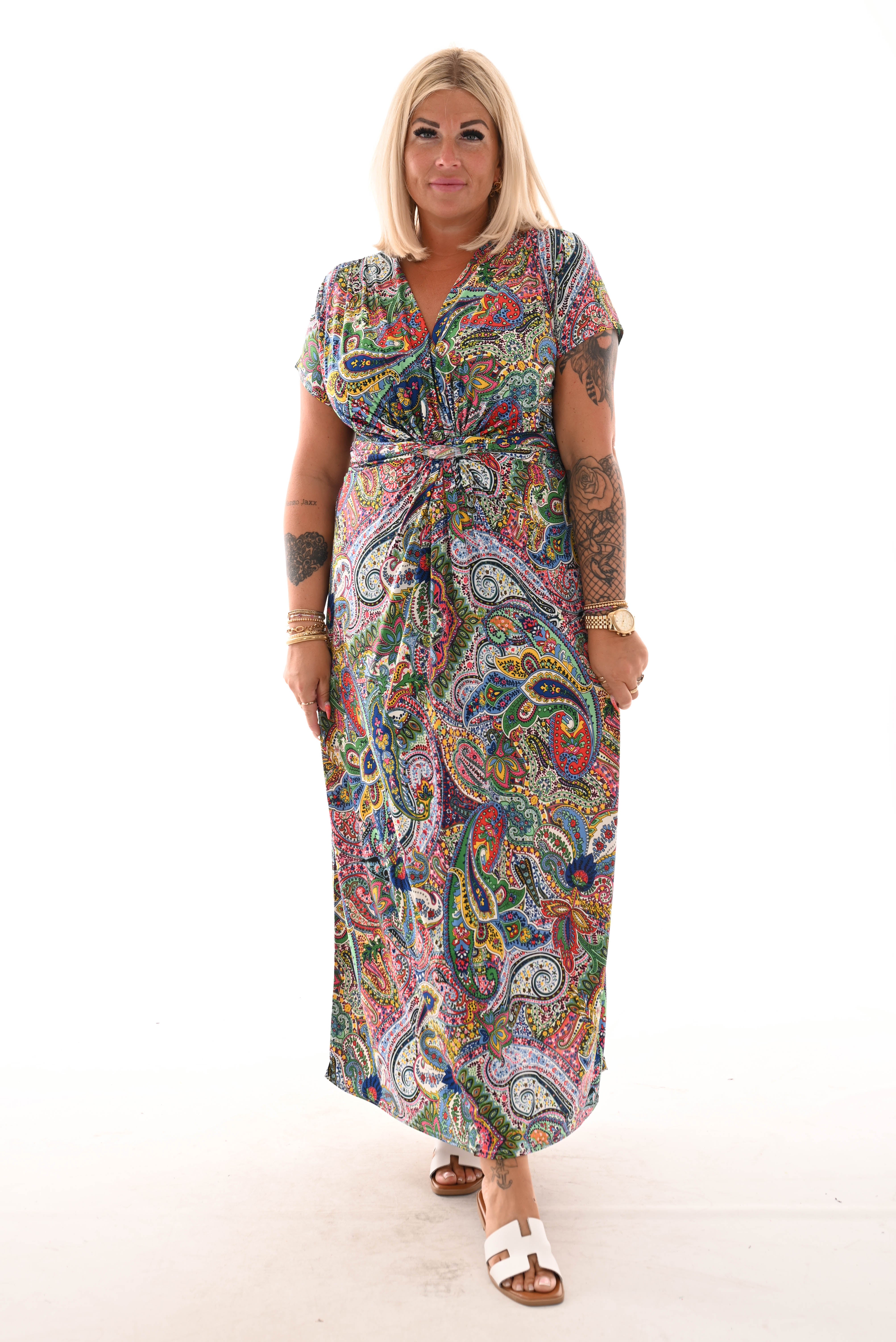 Lange jurk knoopdetail print paisley kobaltblauw/groen