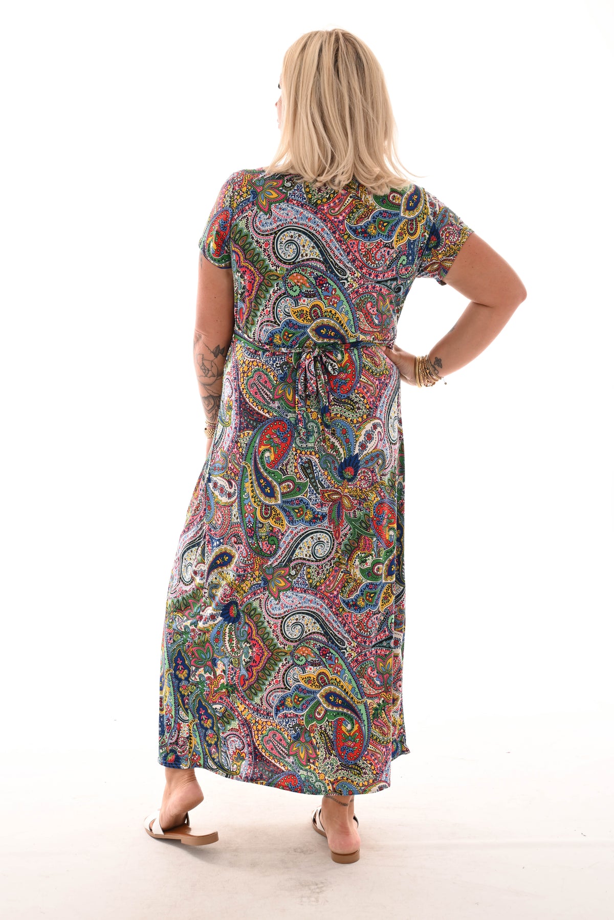 Lange jurk knoopdetail print paisley kobaltblauw/groen