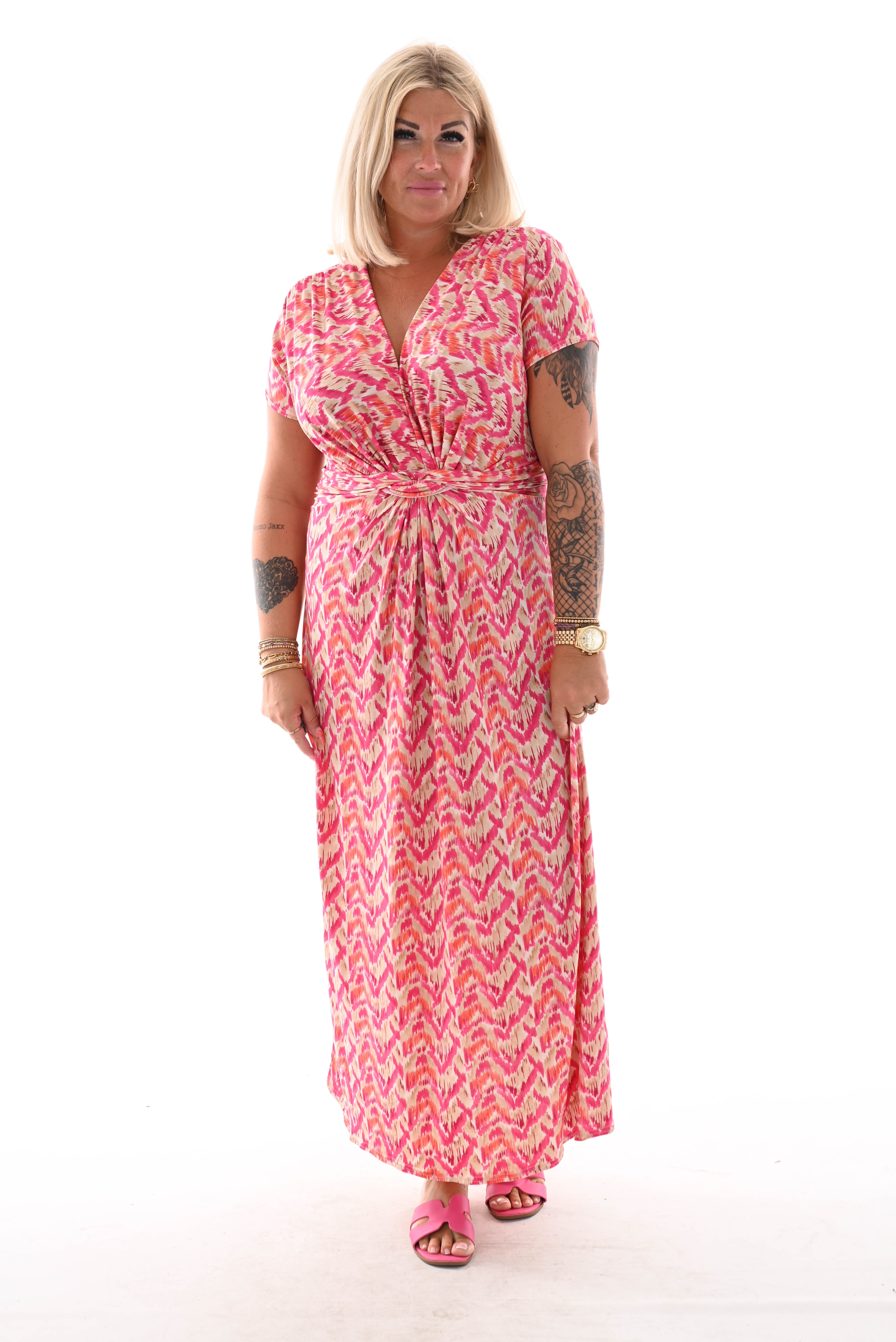 Lange jurk knoopdetail print vegen fuchsia