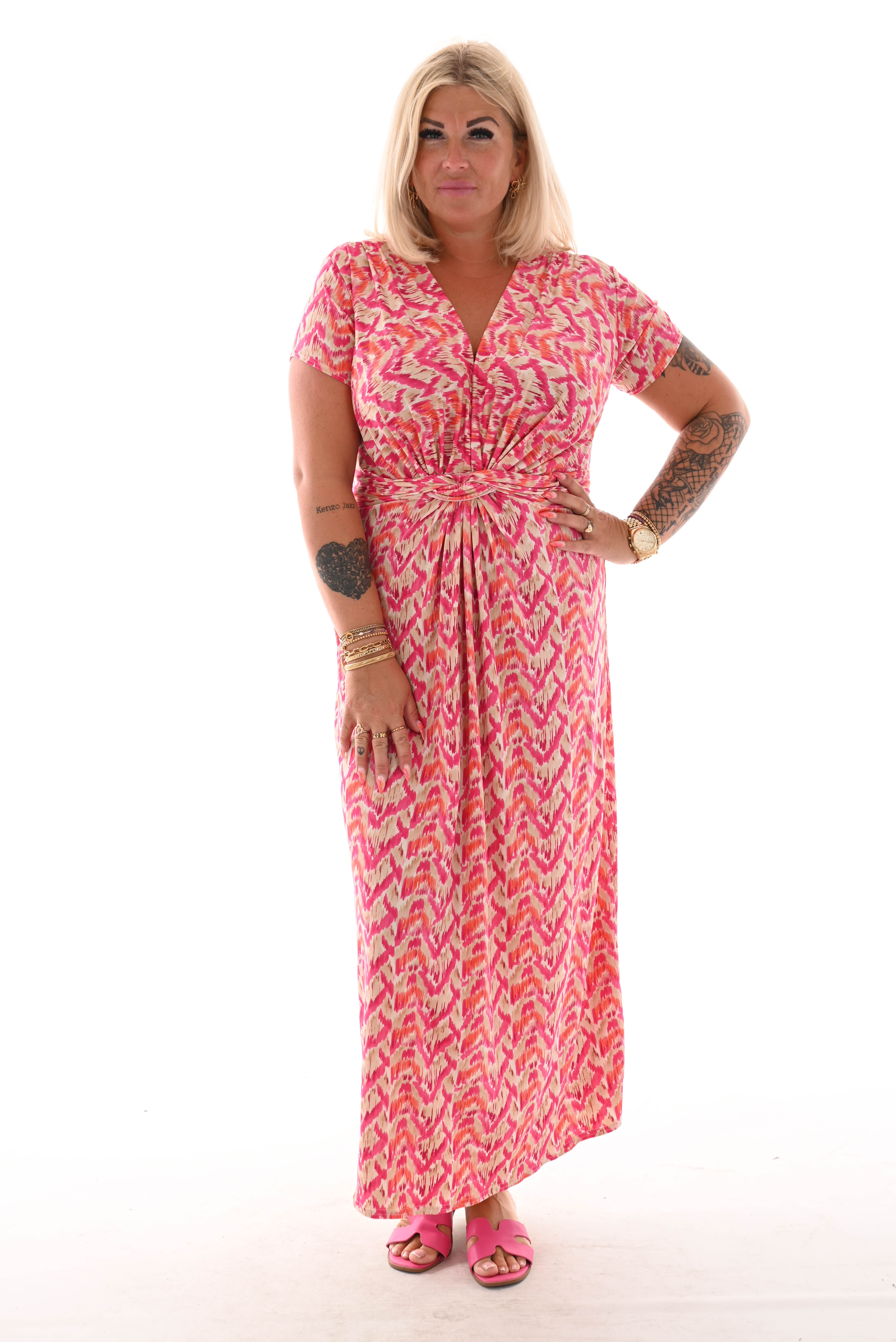 Lange jurk knoopdetail print vegen fuchsia