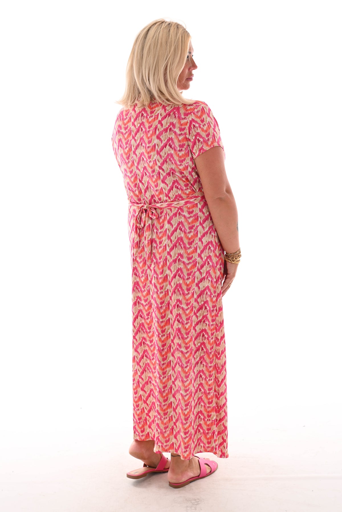 Lange jurk knoopdetail print vegen fuchsia