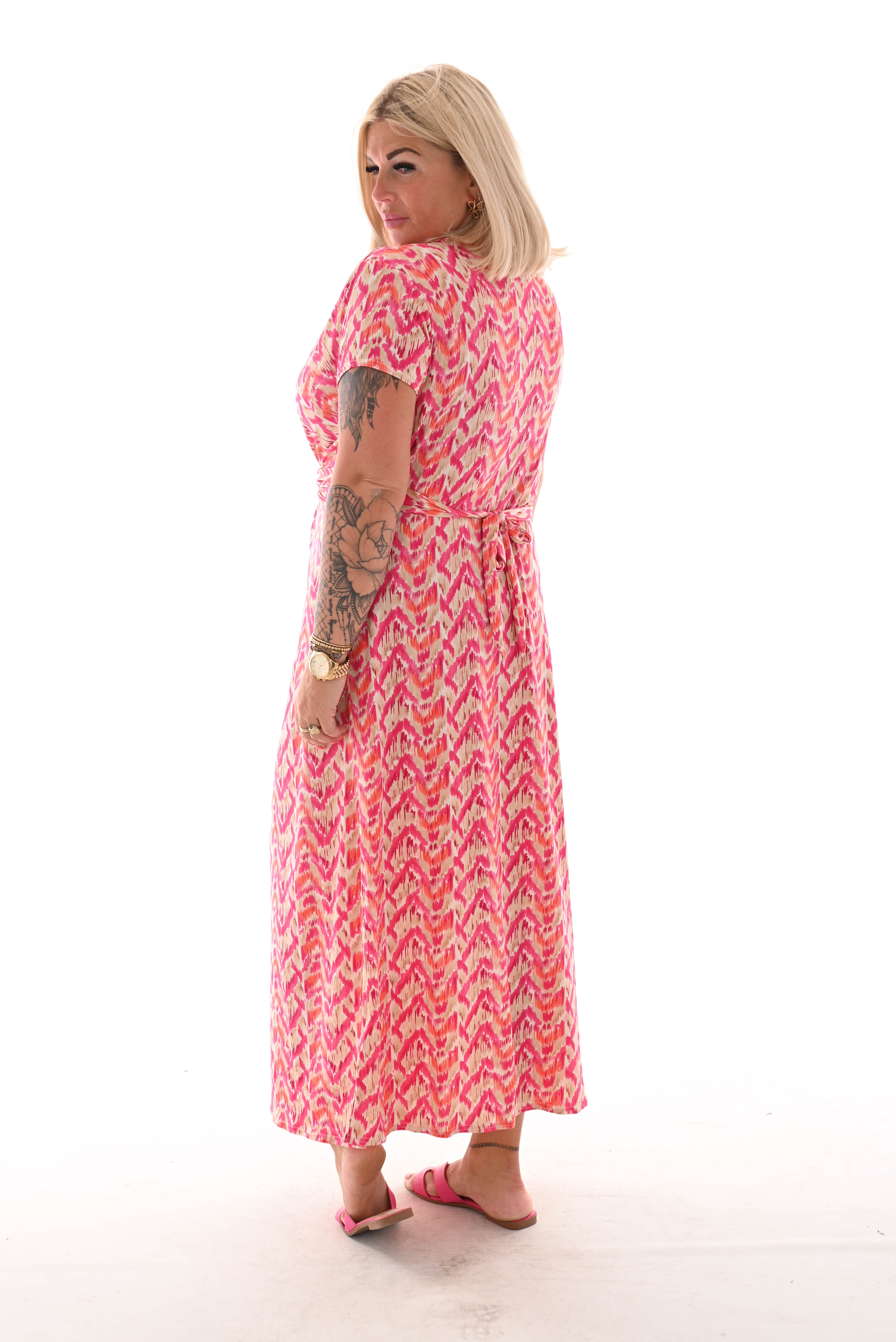 Lange jurk knoopdetail print vegen fuchsia