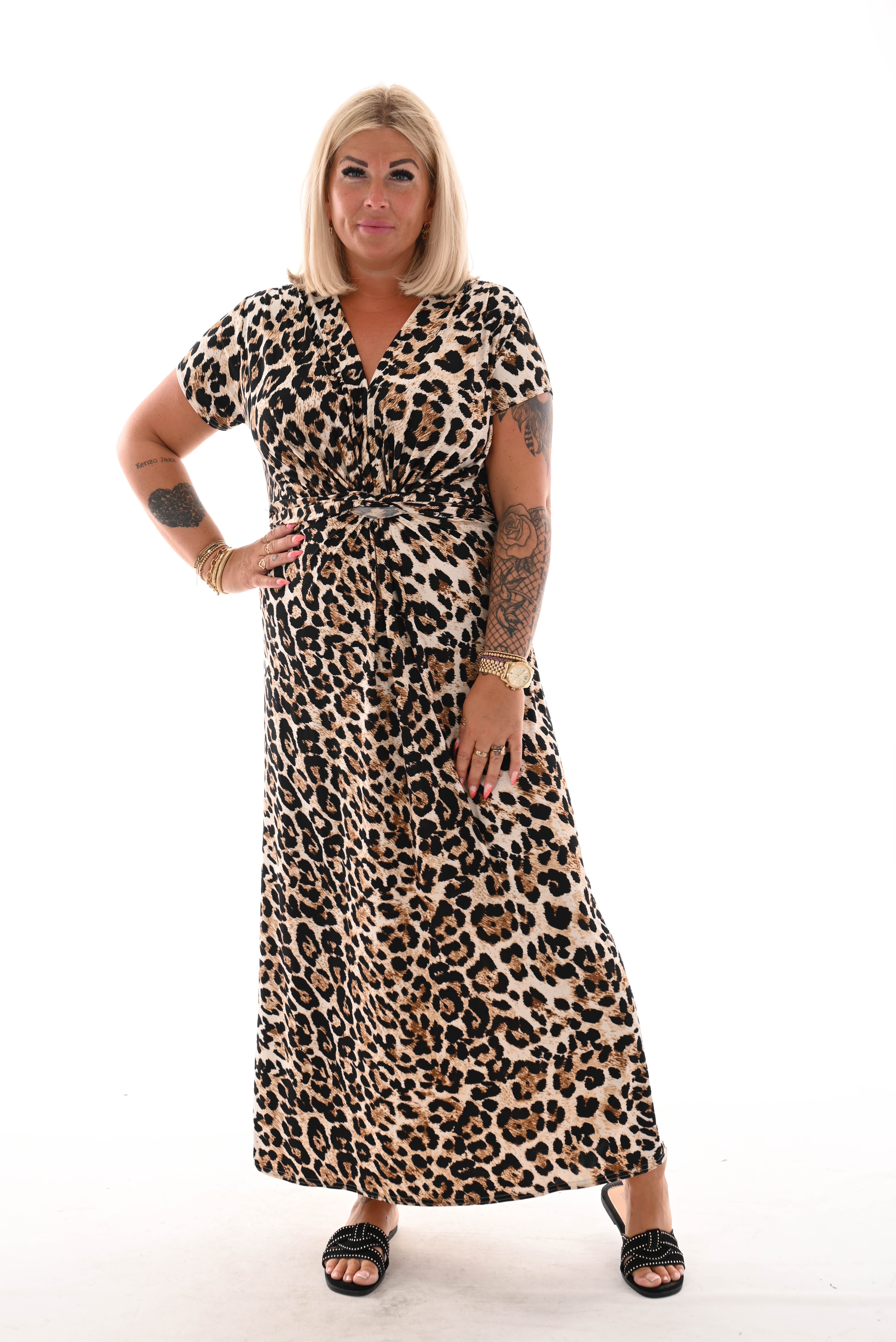 Lange jurk knoopdetail print panter beige
