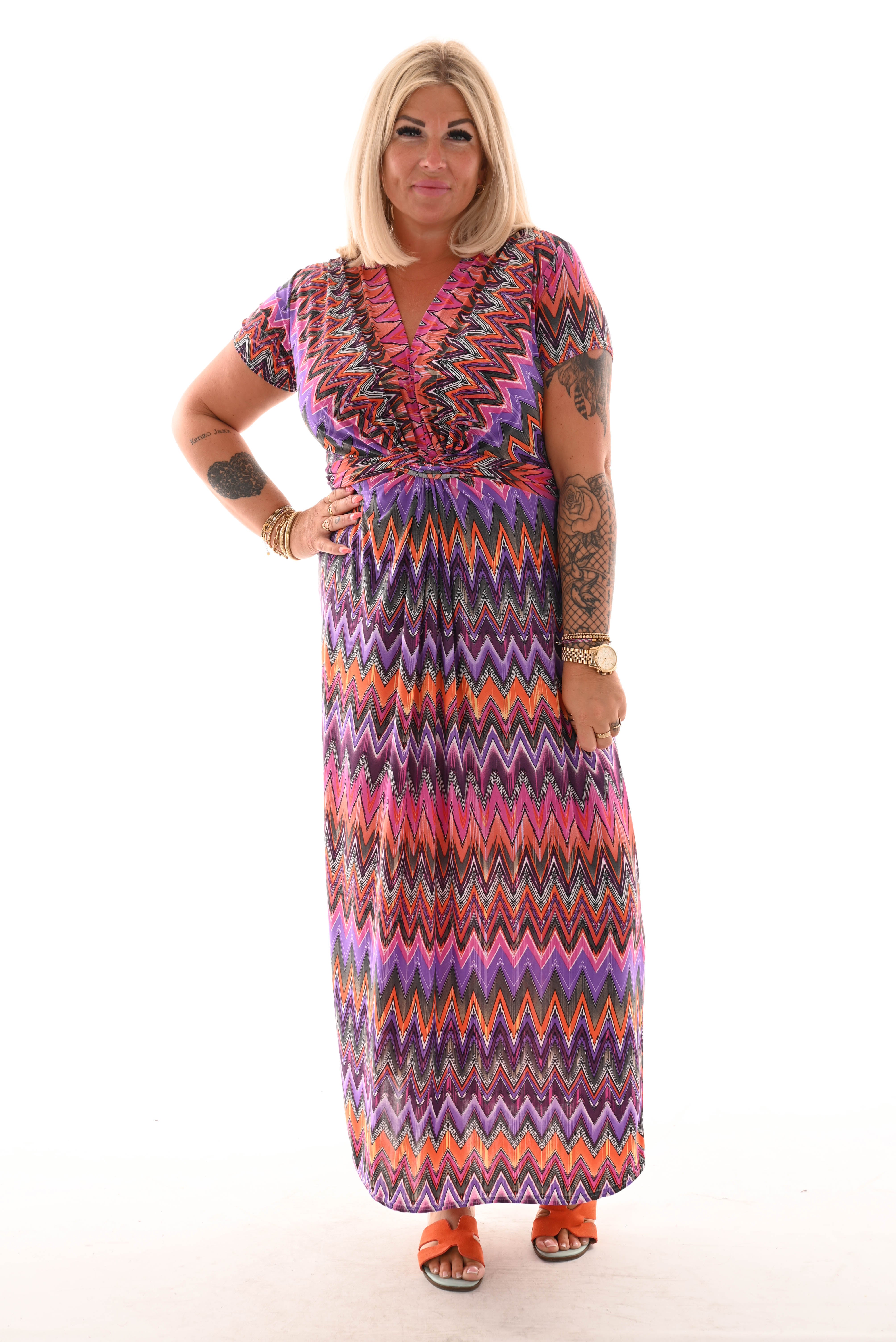 Lange jurk knoopdetail print zigzag paars