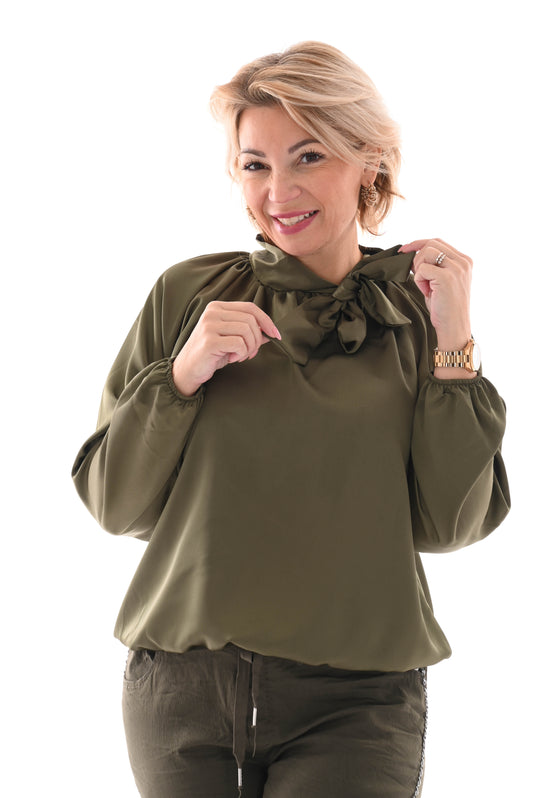 Silky blouse met strik legergroen