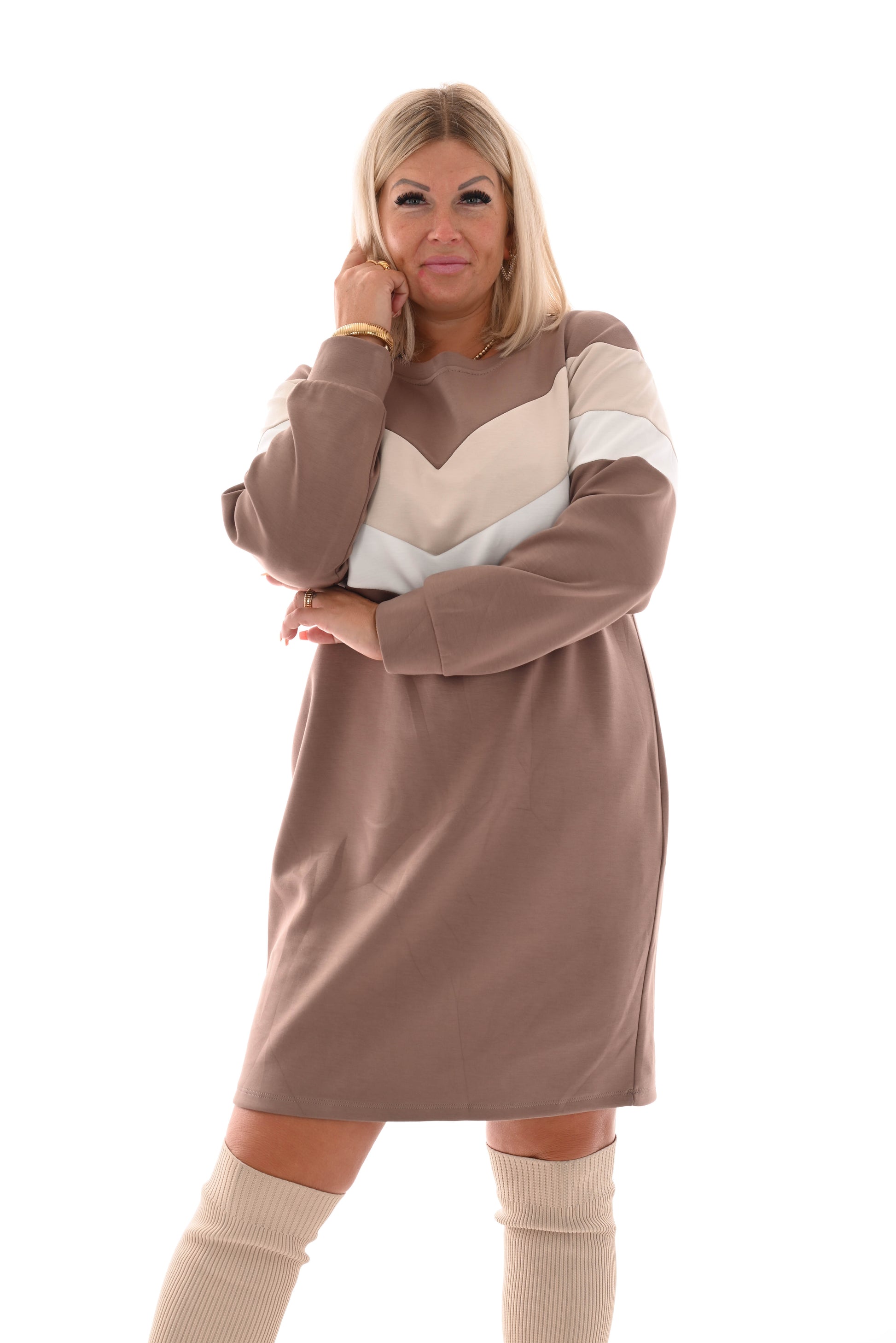 Sweater dress kort met strepen lichtbruin