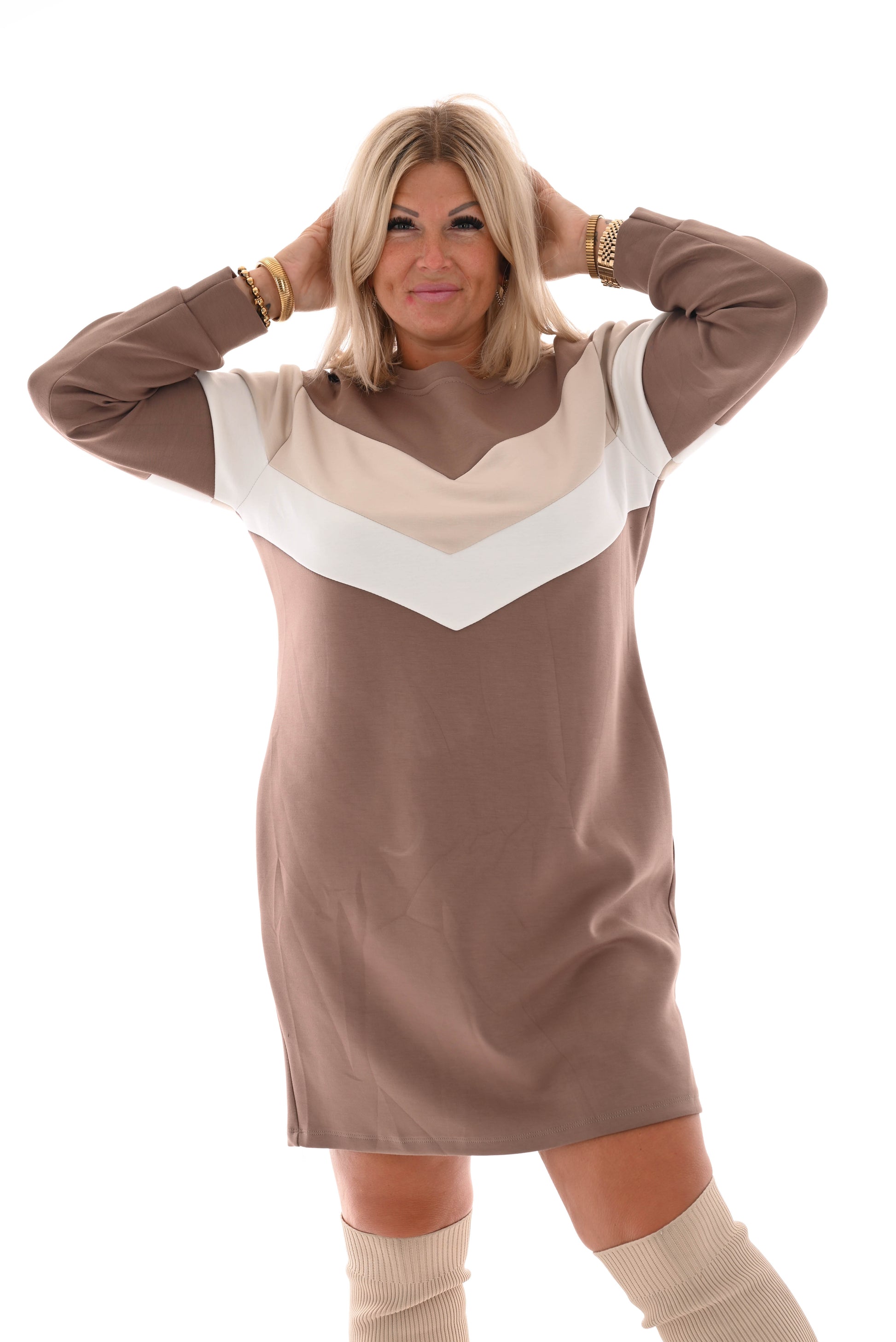 Sweater dress kort met strepen lichtbruin