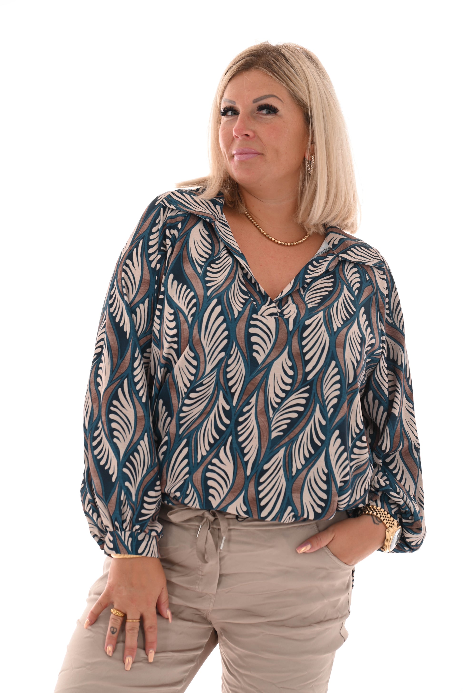 Blouse multi v-hal blaadje marineblauw