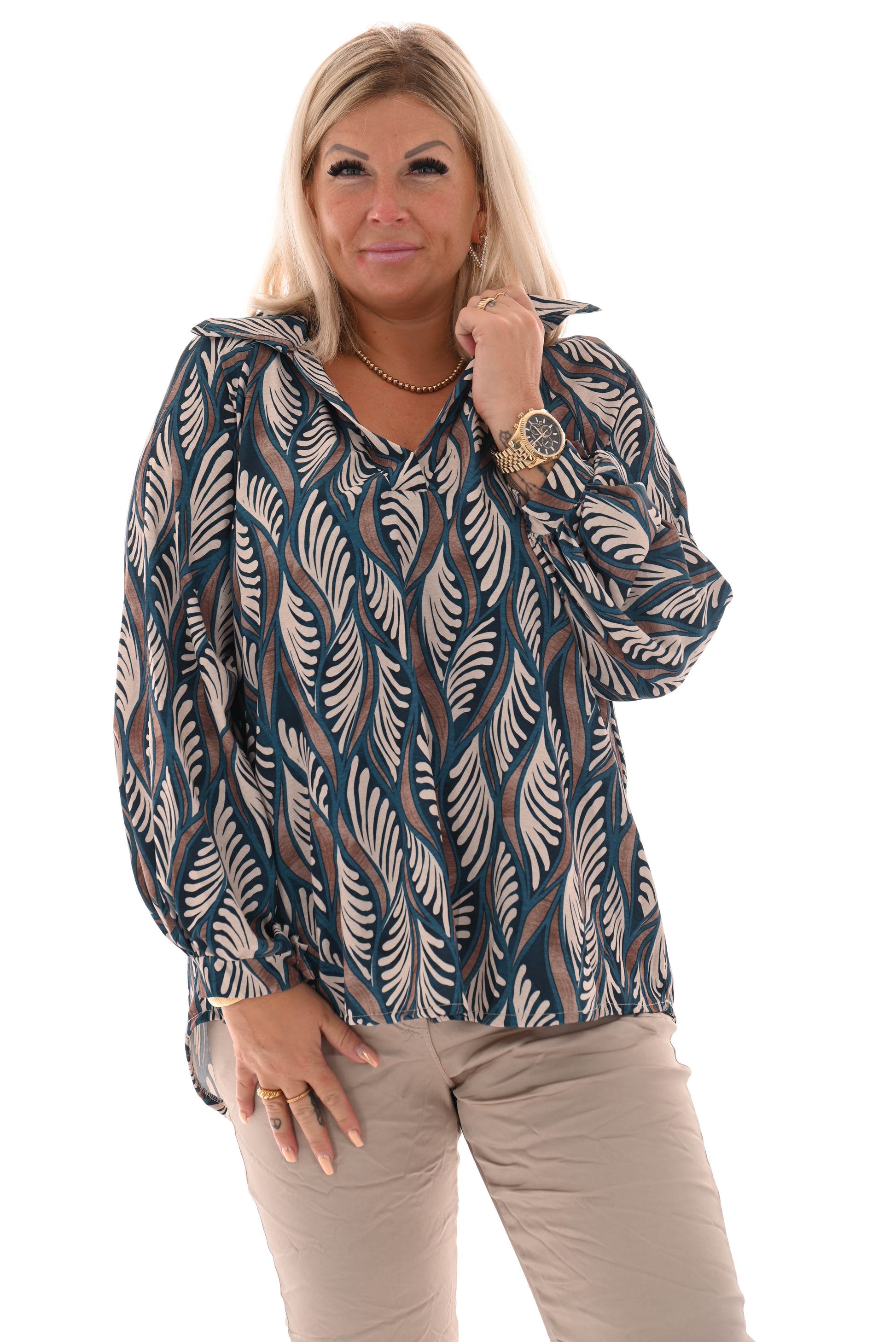 Blouse multi v-hal blaadje marineblauw