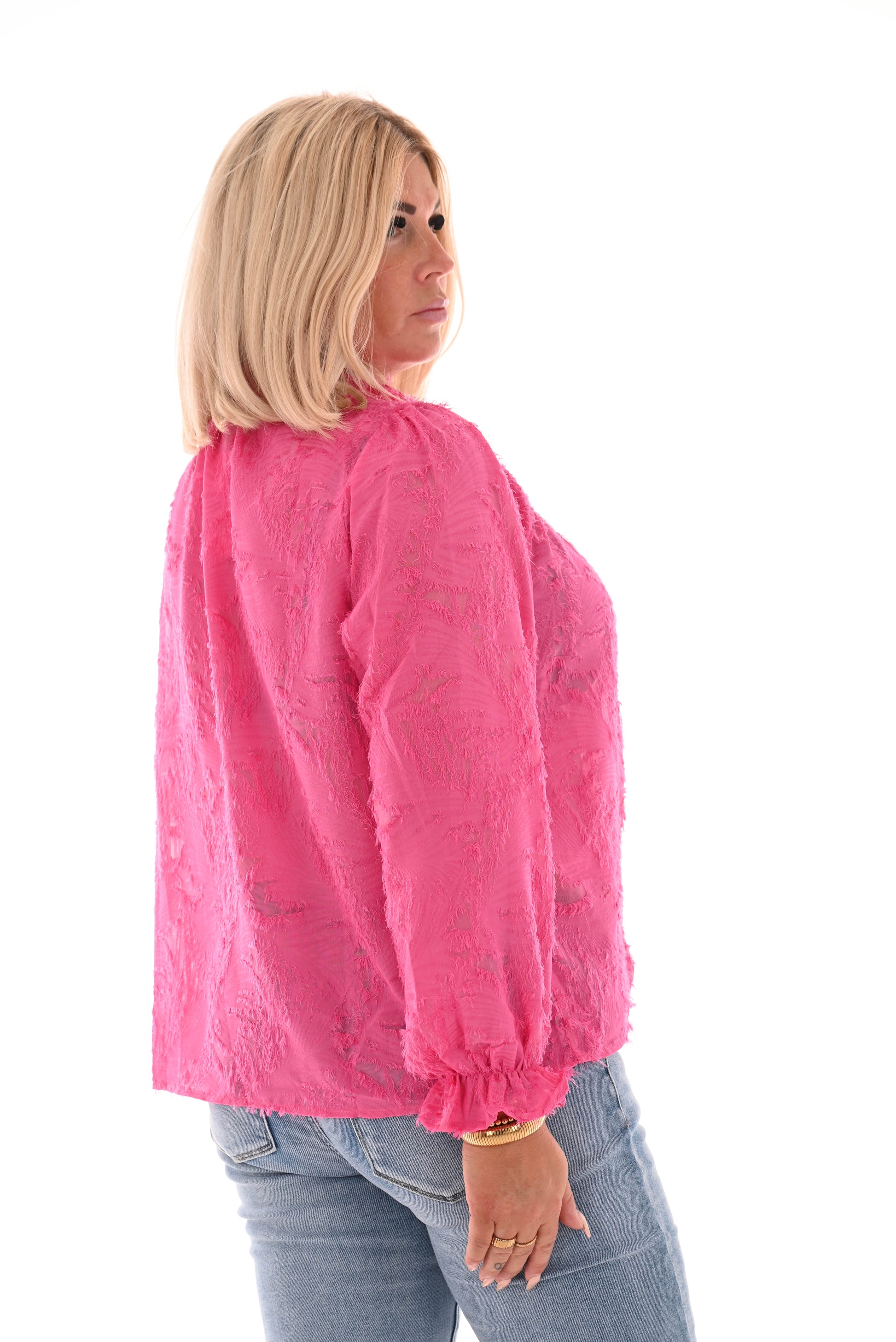 Blouse knopen rafels fuchsia