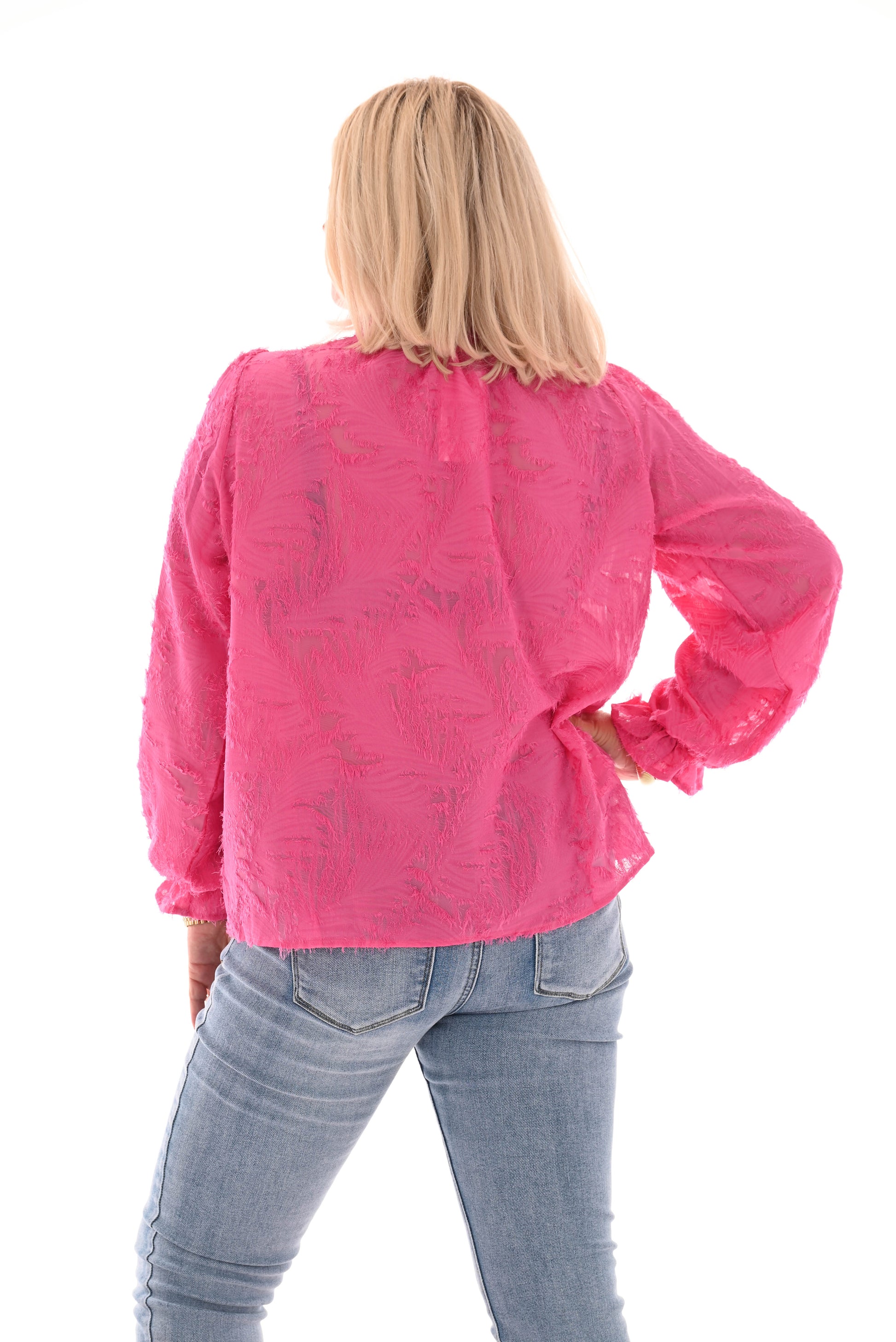 Blouse knopen rafels fuchsia