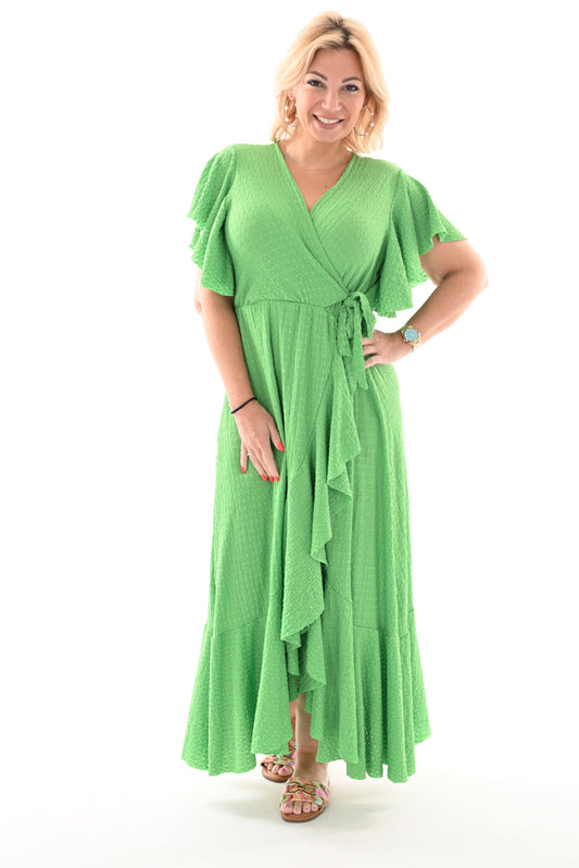 Lange wafel jurk met roezels appel groen