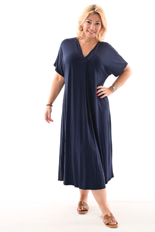 Lange jurk met v-hals met korte mouwen marineblauw