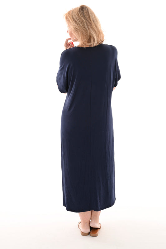 Lange jurk met v-hals met korte mouwen marineblauw