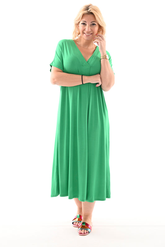 Lange jurk met v-hals met korte mouwen groen