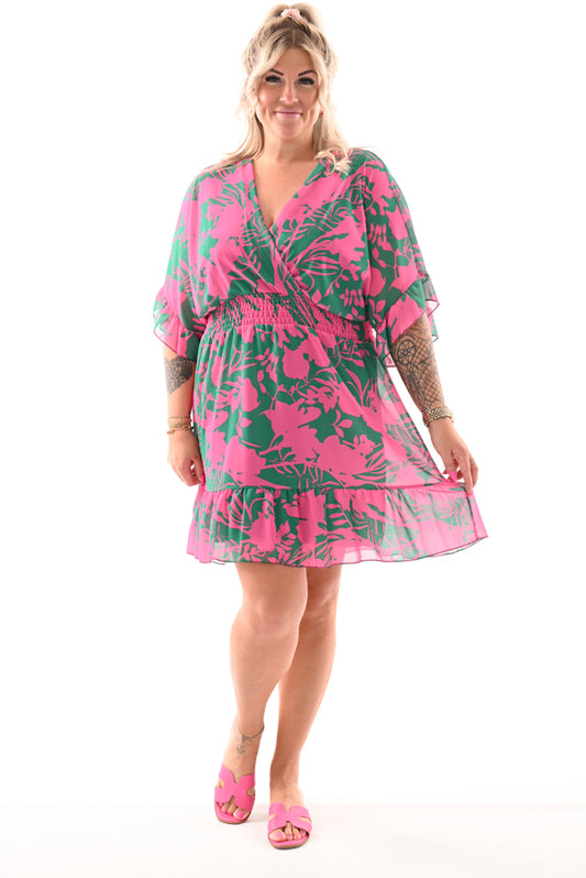 Korte jurk elastieken taille roezel detail groen/fuchsia