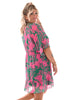 Korte jurk elastieken taille roezel detail groen/fuchsia