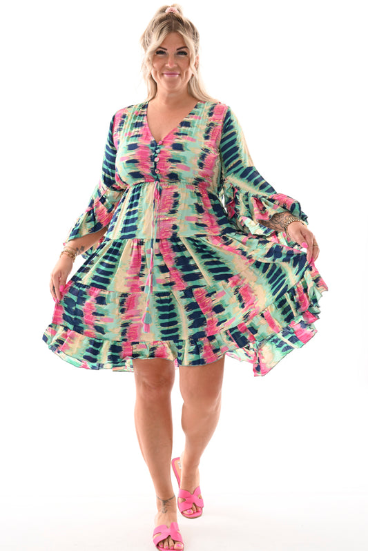 Korte jurk v-hals knopen patroon turquoise/roze