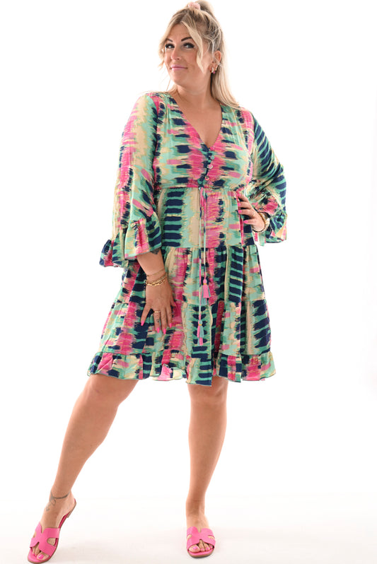 Korte jurk v-hals knopen patroon turquoise/roze