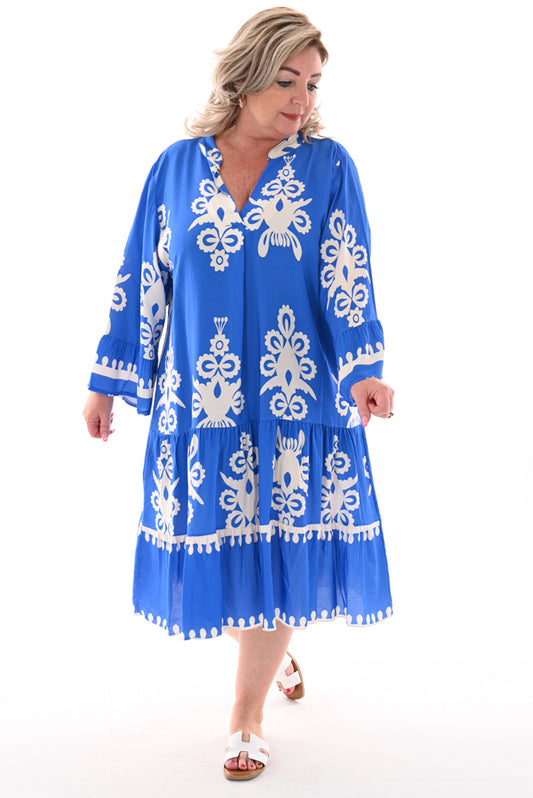 Midi jurk stroken viscose barok kobaltblauw