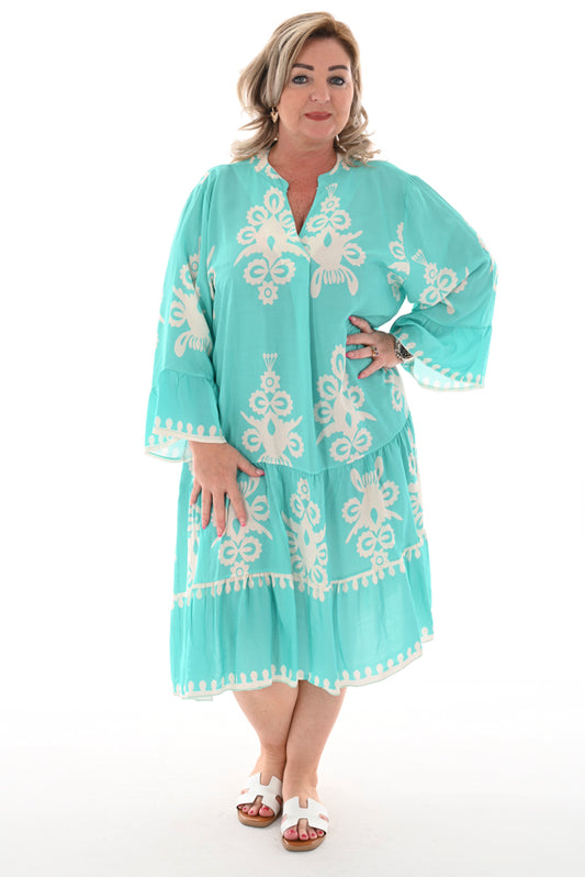 Midi jurk stroken viscose barok turquoise