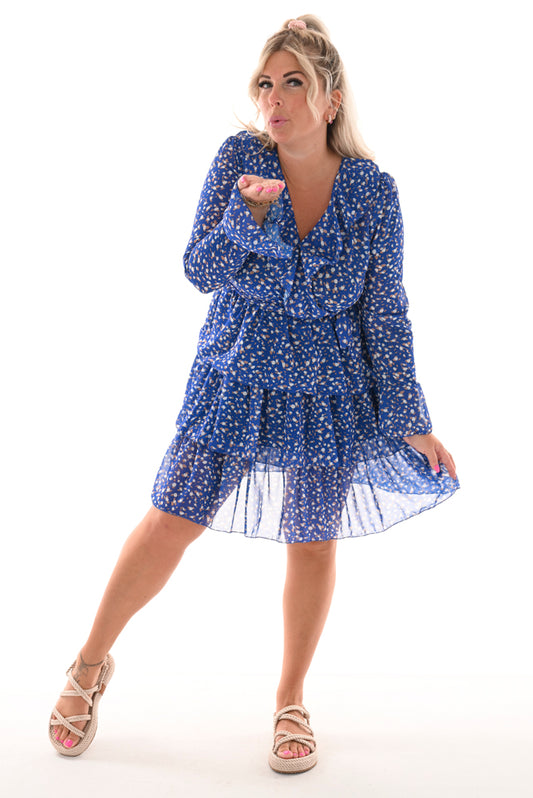 Korte jurk roezel en stroken gevlekt kobaltblauw