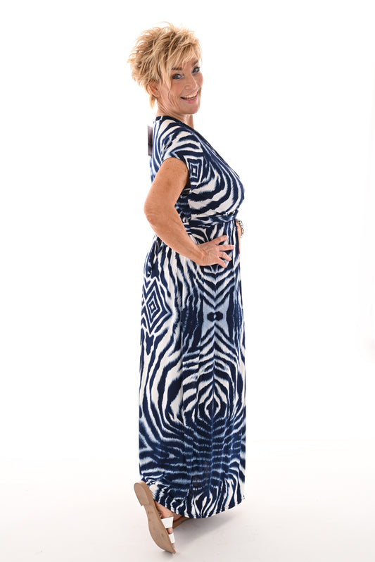 Lange jurk knoop detail zebra marineblauw/roomwit