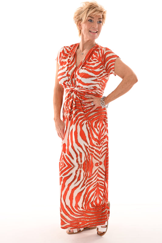 Lange jurk knoop detail zebra oranje/roomwit