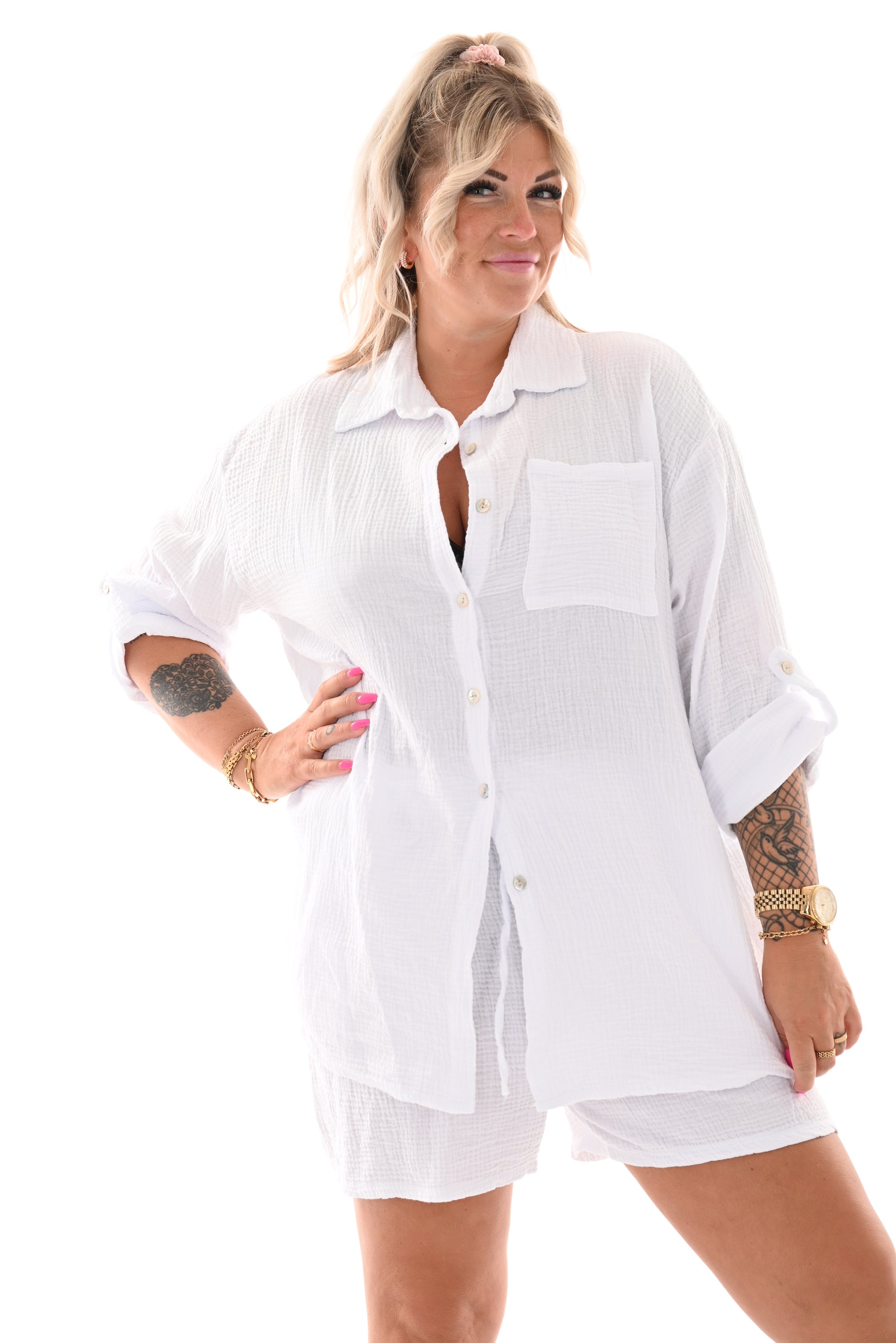 Tweedelige blouse met short uni wit