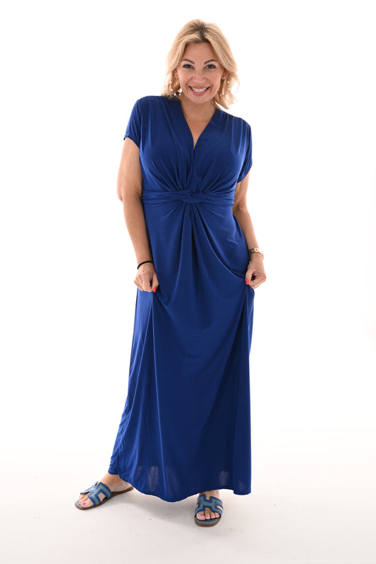 Lange jurk knoop detail uni kobaltblauw