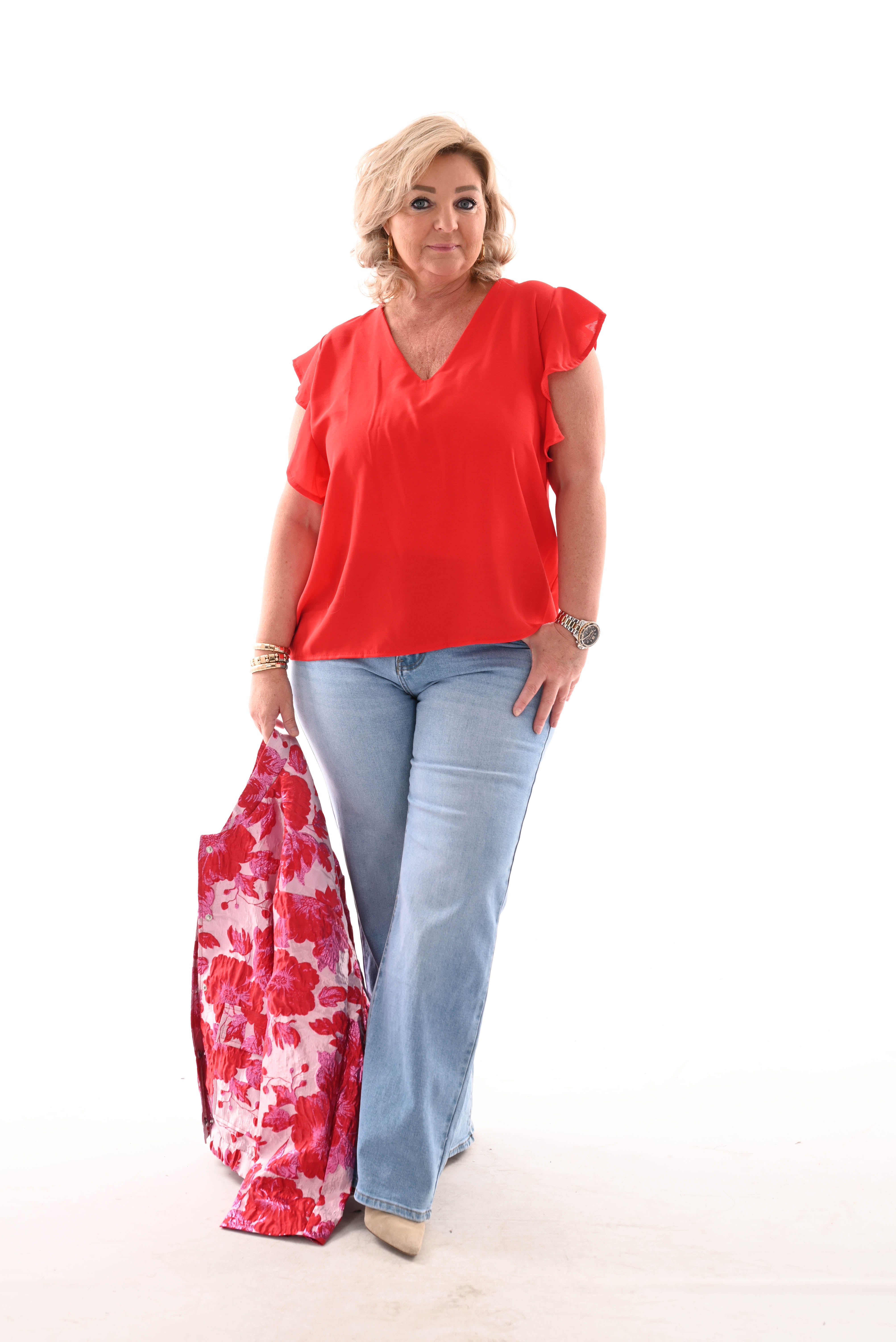 Top roezel v-hals uni rood