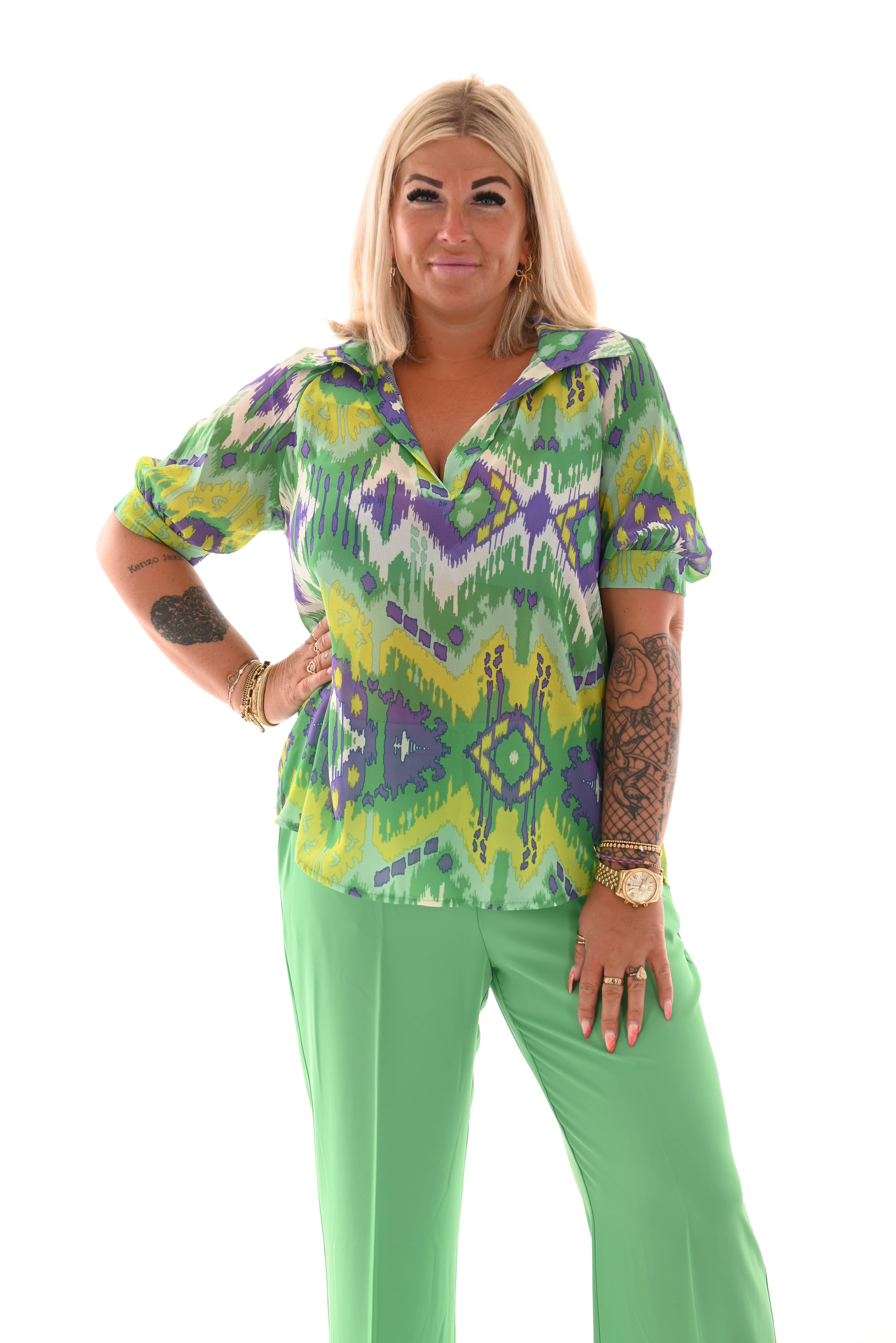Blouse pofmouwen v-hals paisley groen/paars