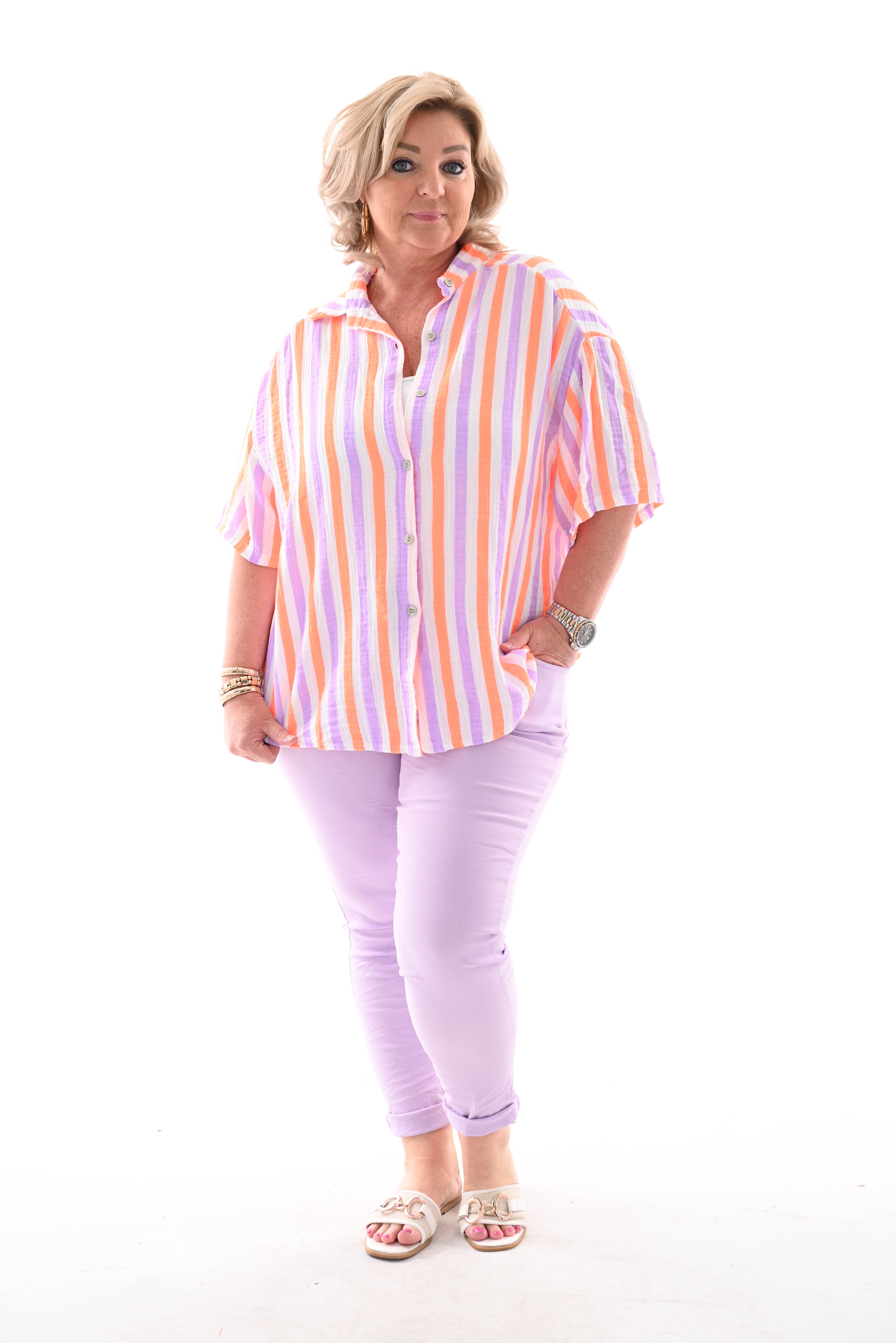 Blouse wafel korte mouwen lila/fel oranje