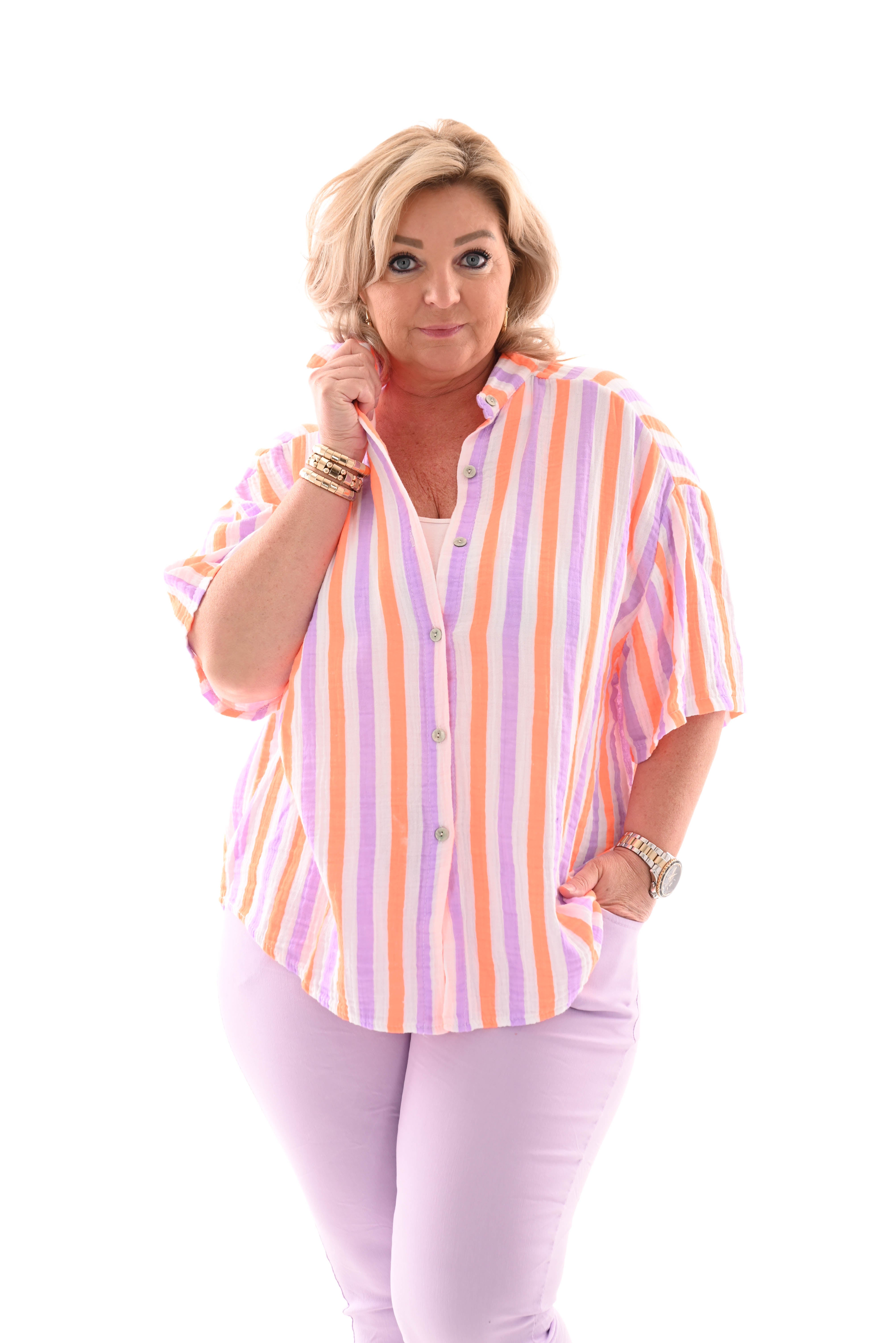 Blouse wafel korte mouwen lila/fel oranje