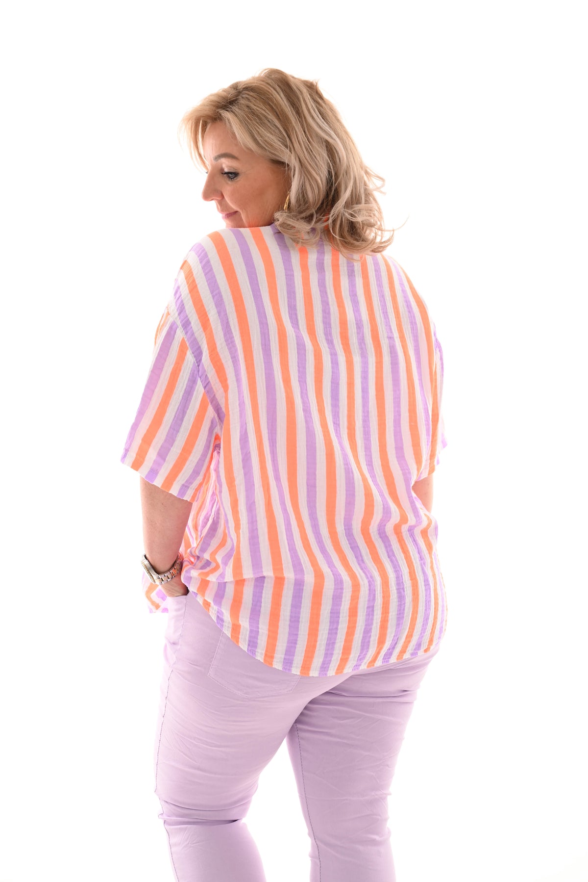 Blouse wafel korte mouwen lila/fel oranje
