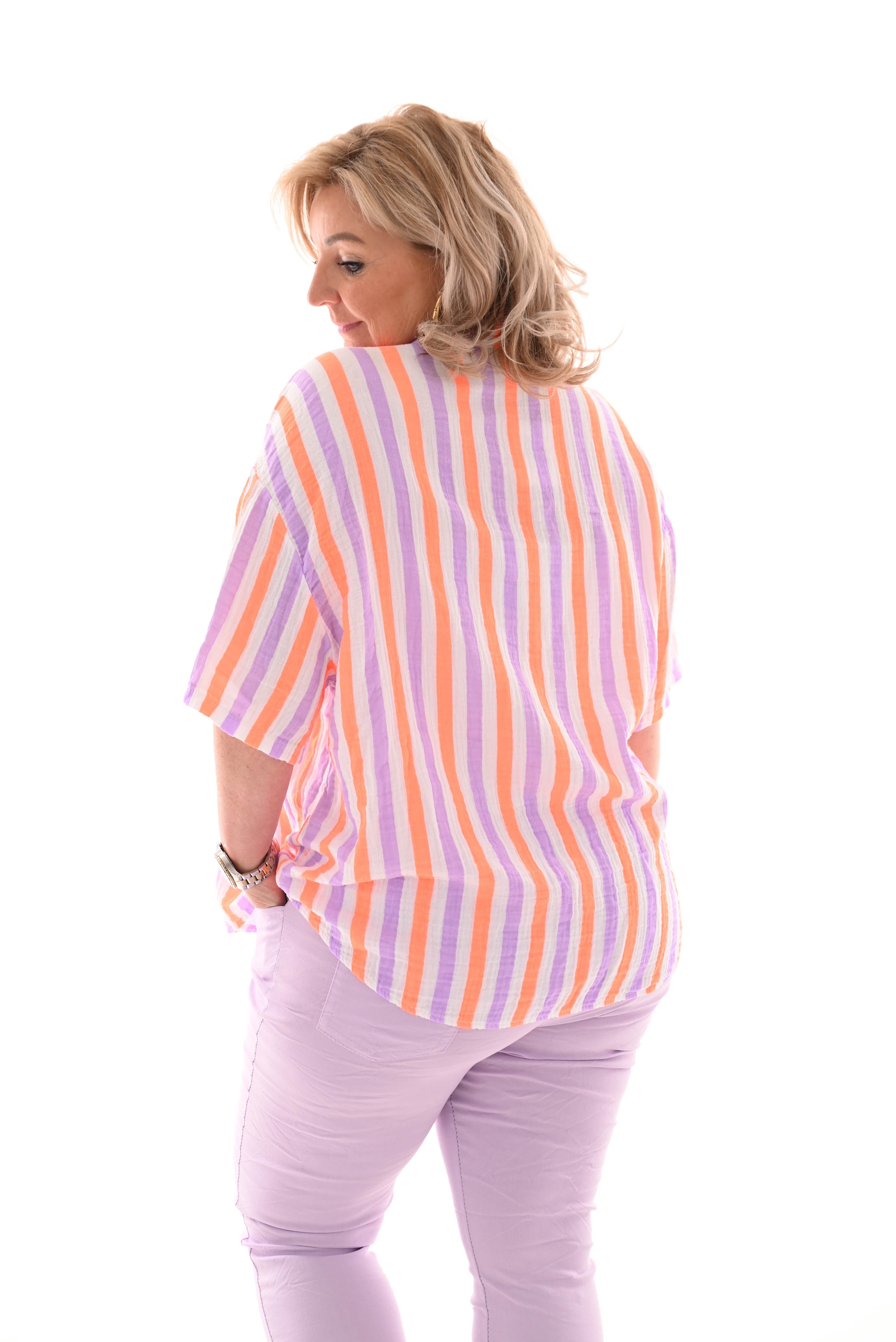 Blouse wafel korte mouwen lila/fel oranje
