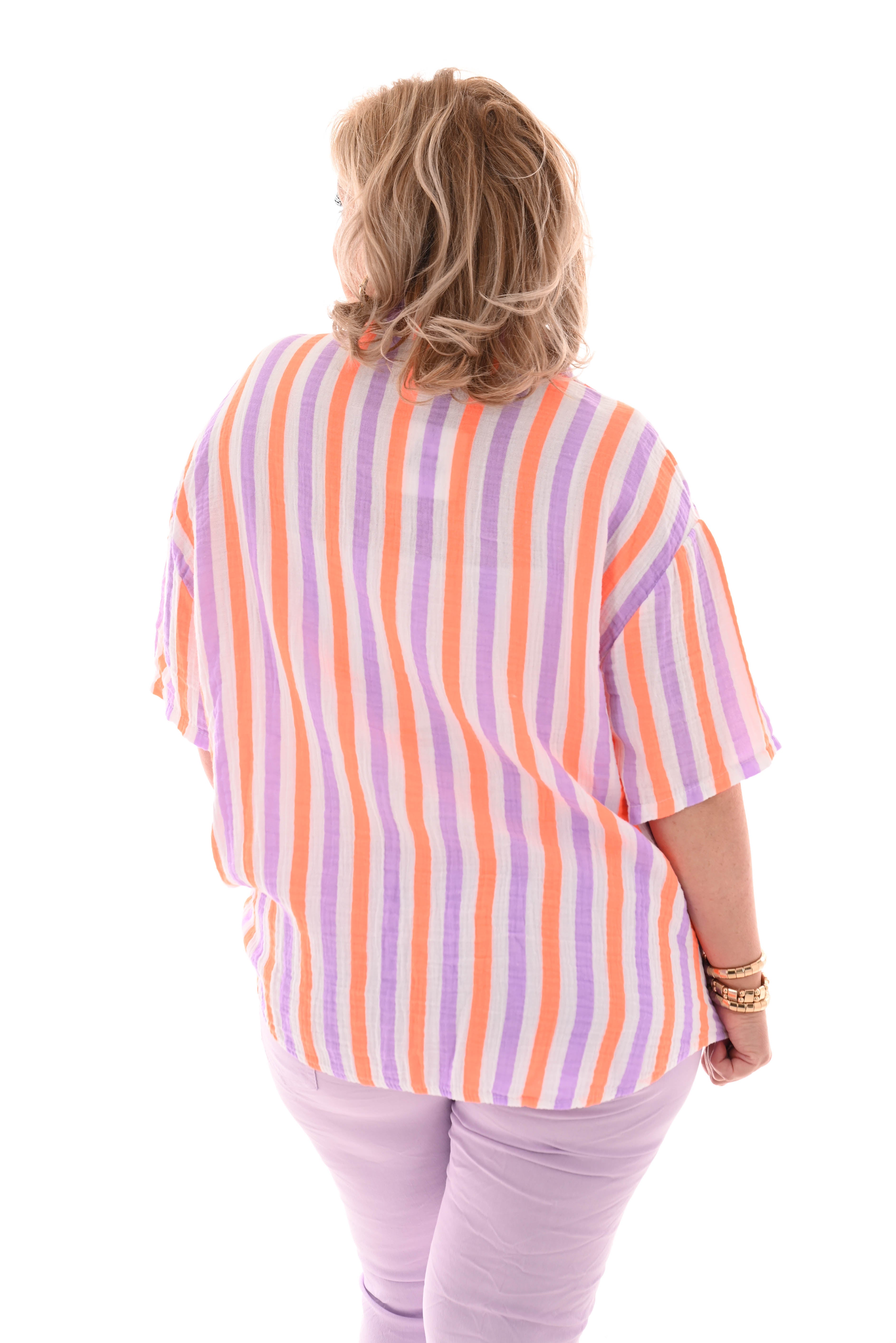 Blouse wafel korte mouwen lila/fel oranje