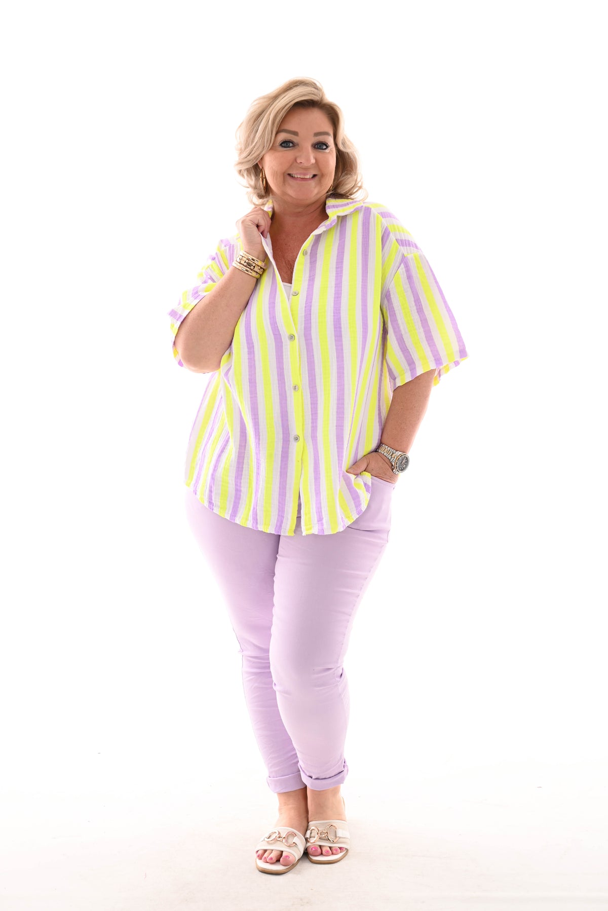 Blouse wafel korte mouwen lila/felgeel