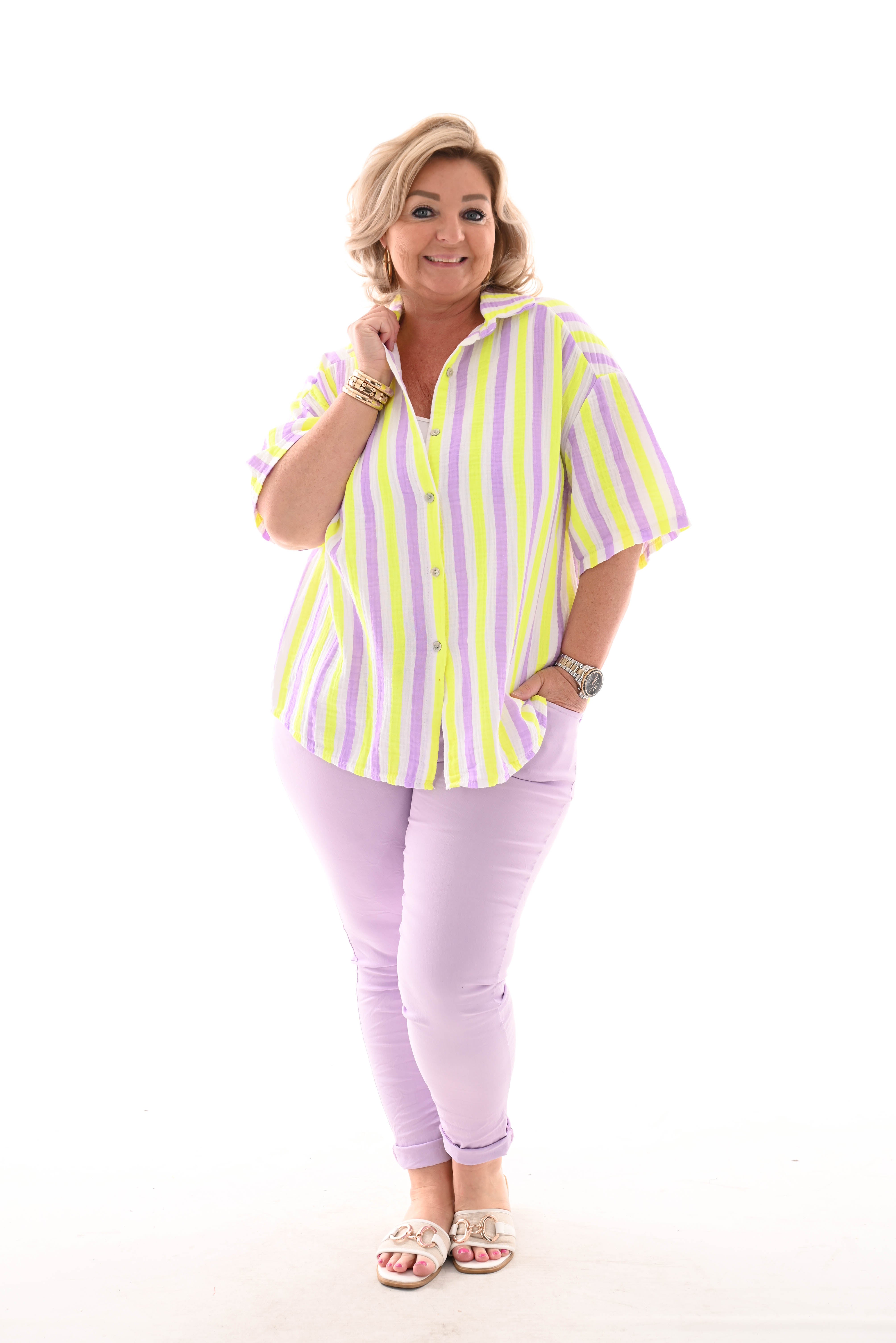 Blouse wafel korte mouwen lila/felgeel