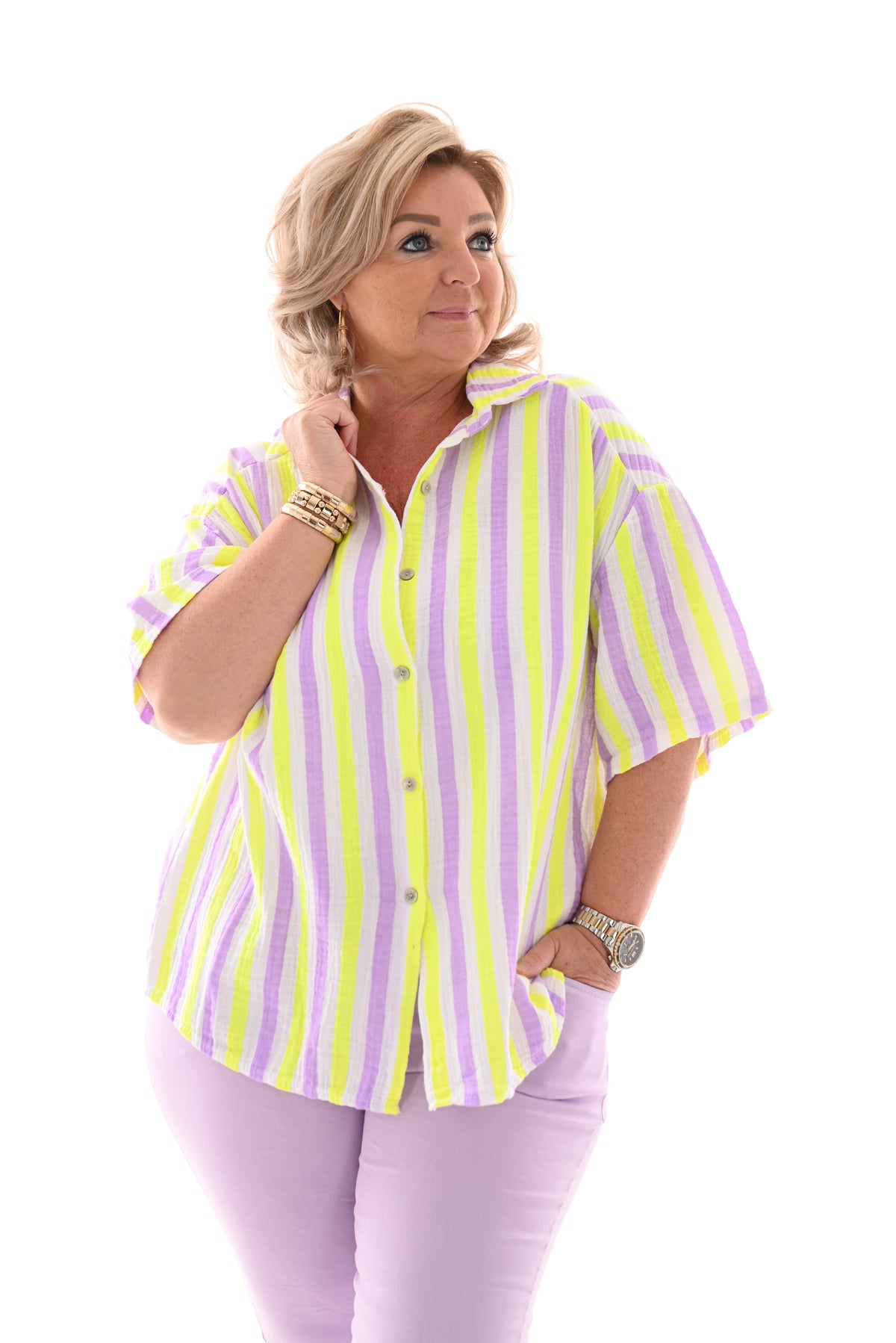 Blouse wafel korte mouwen lila/felgeel