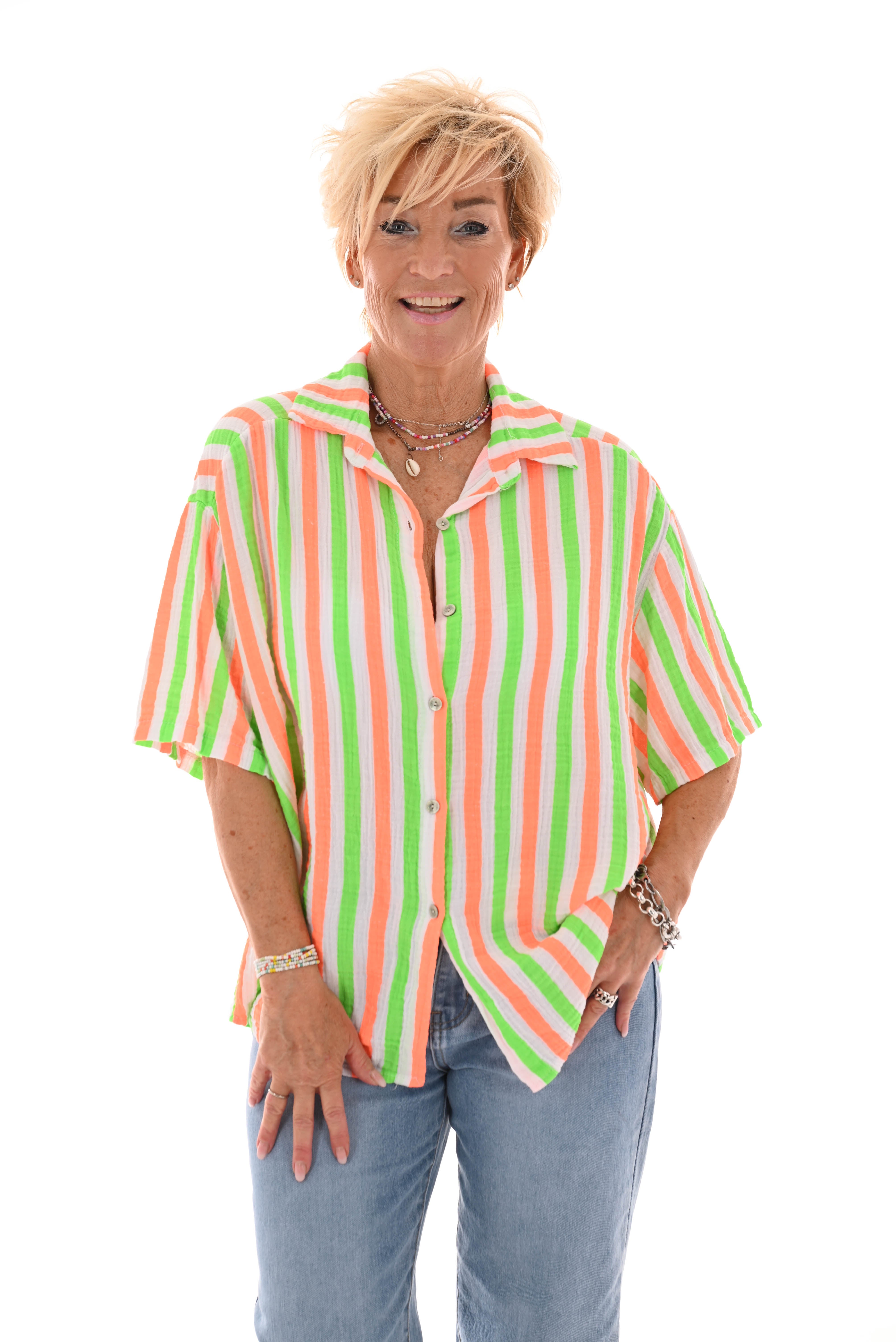 Blouse wafel korte mouwen felgroen/fel oranje