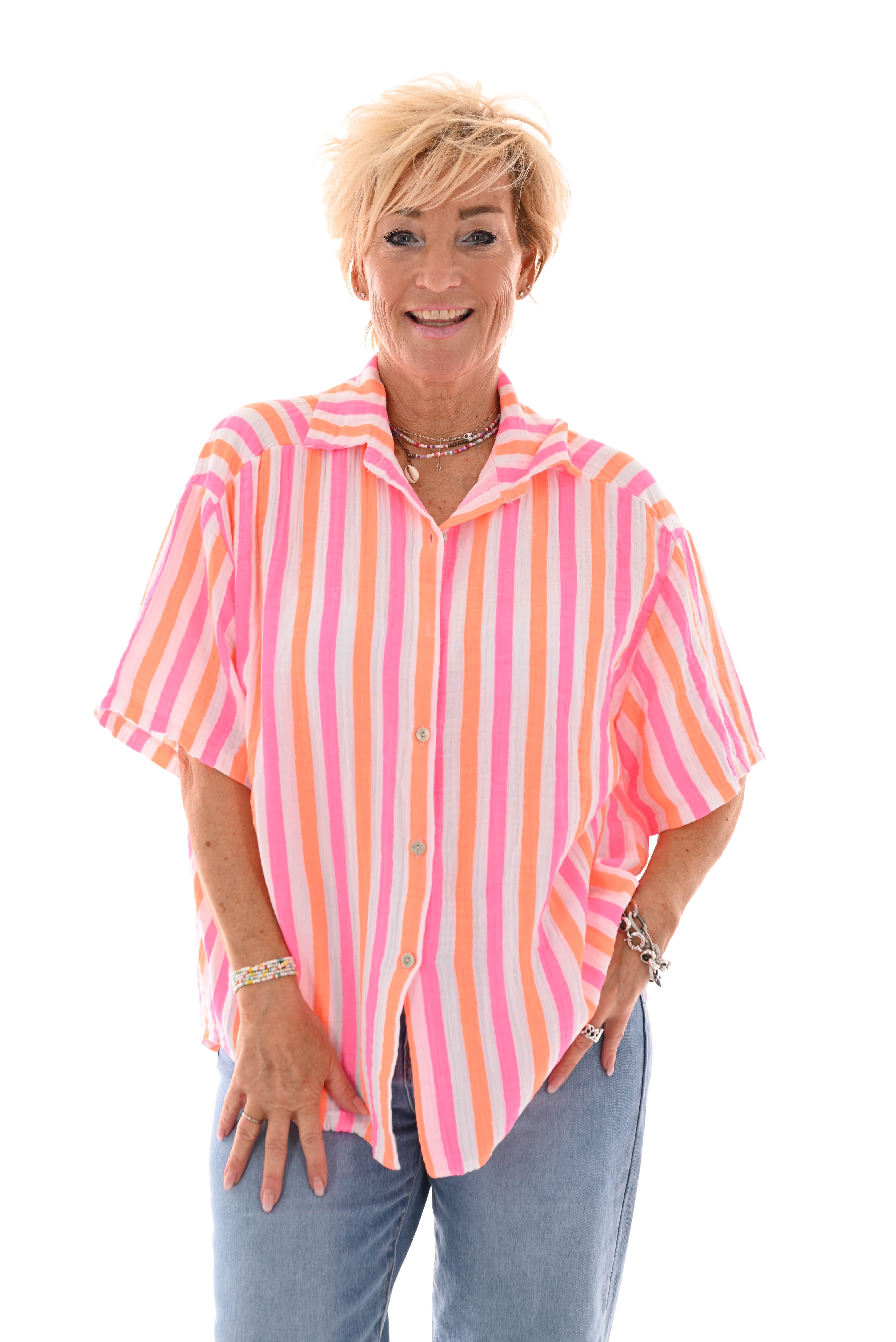 Blouse wafel korte mouwen felroze/fel oranje