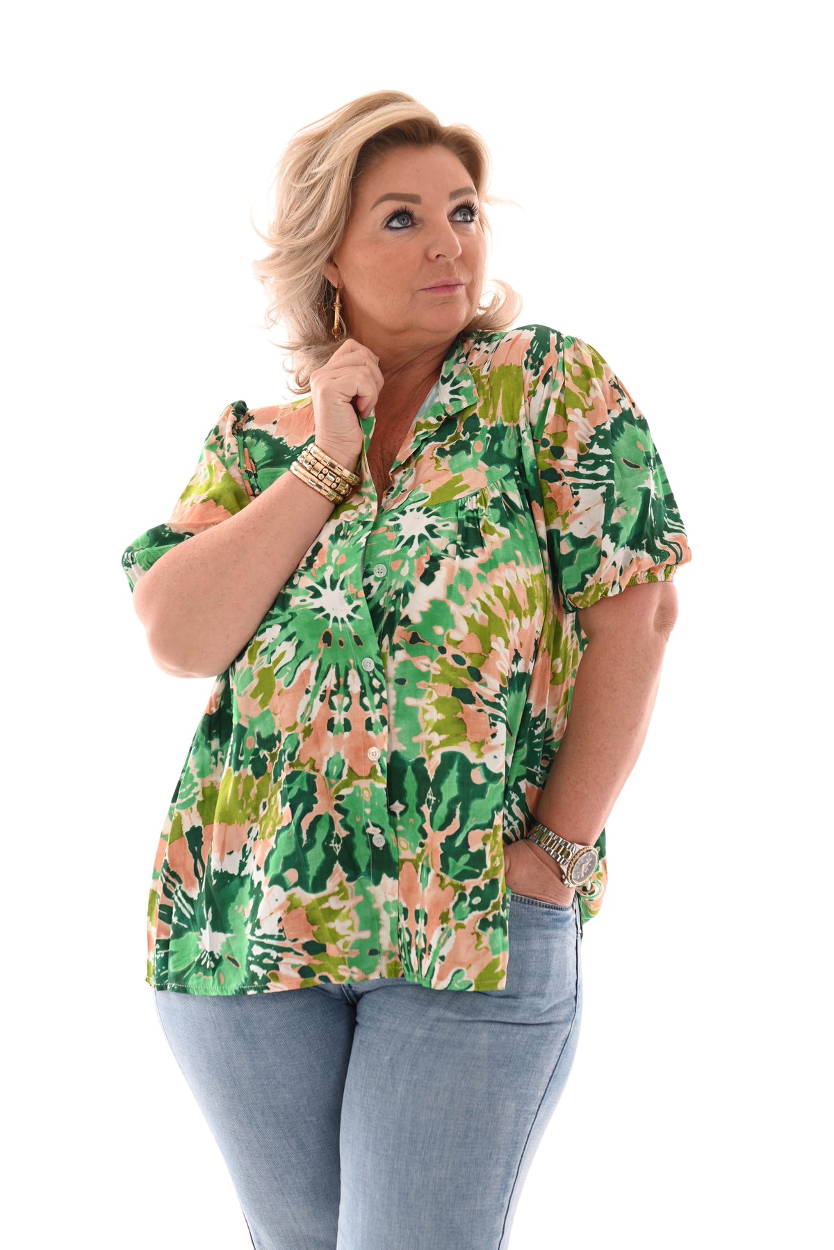 Top v-hals pofmouwen tie-dye groen