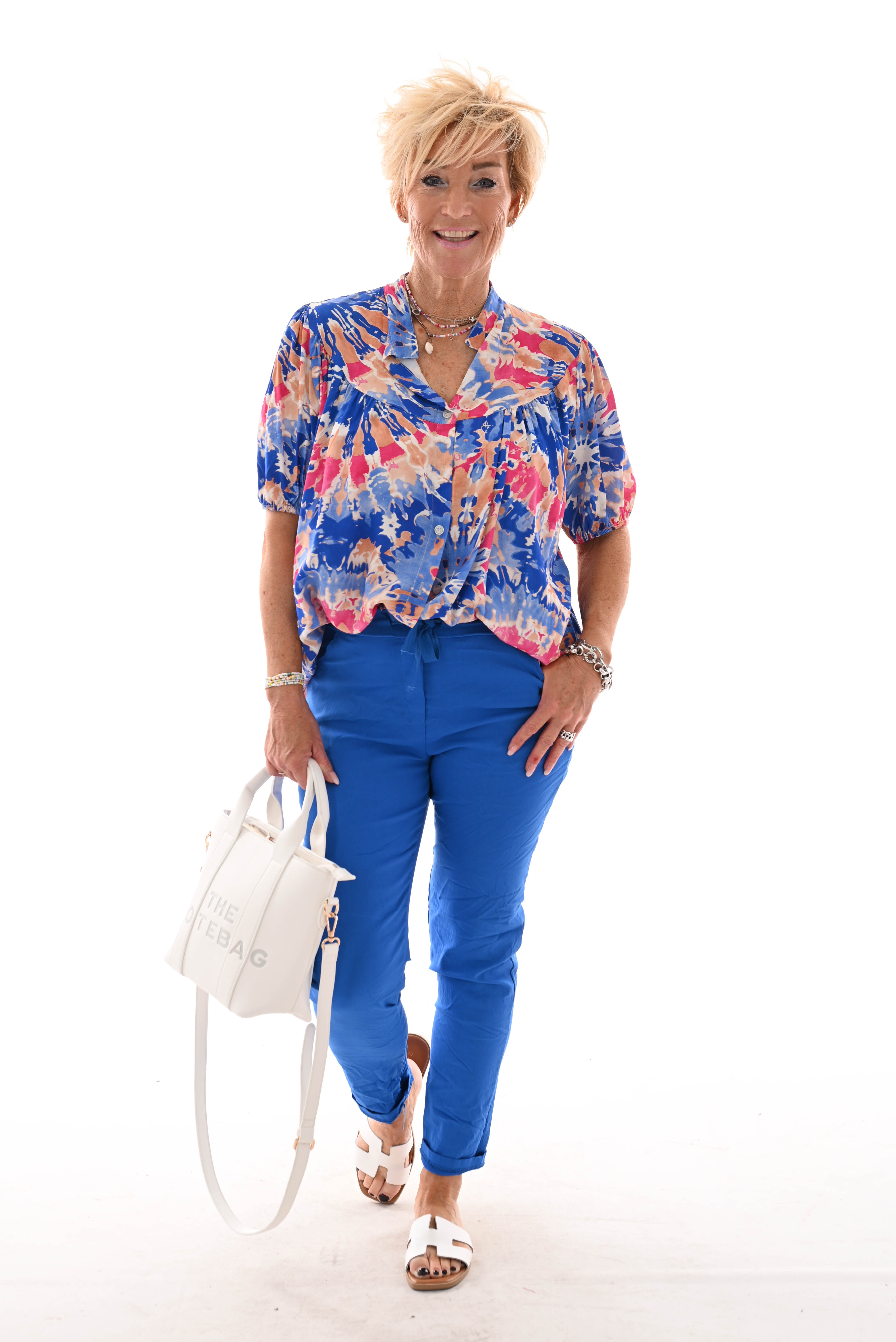 Top v-hals pofmouwen tie-dye blauw