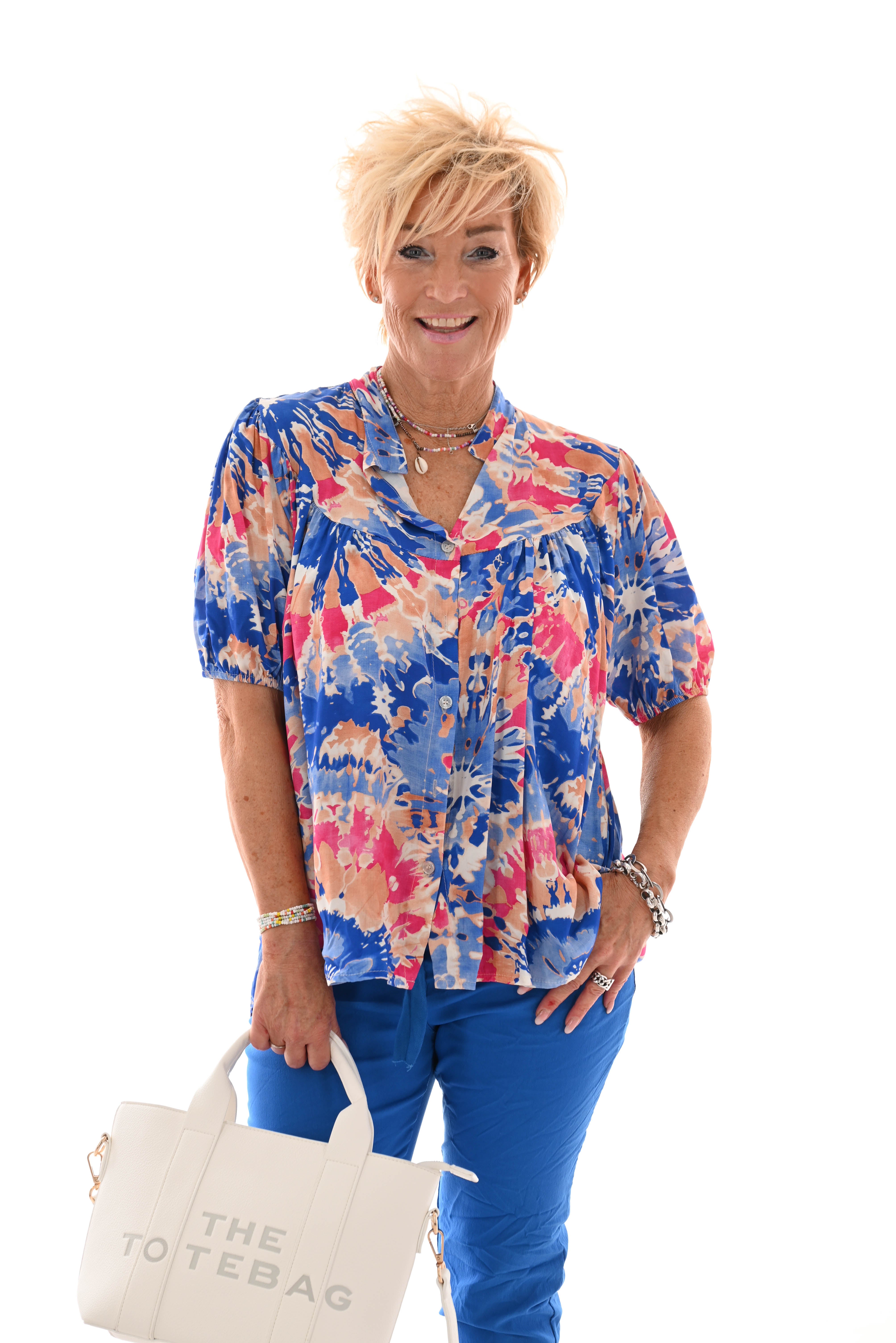 Top v-hals pofmouwen tie-dye blauw
