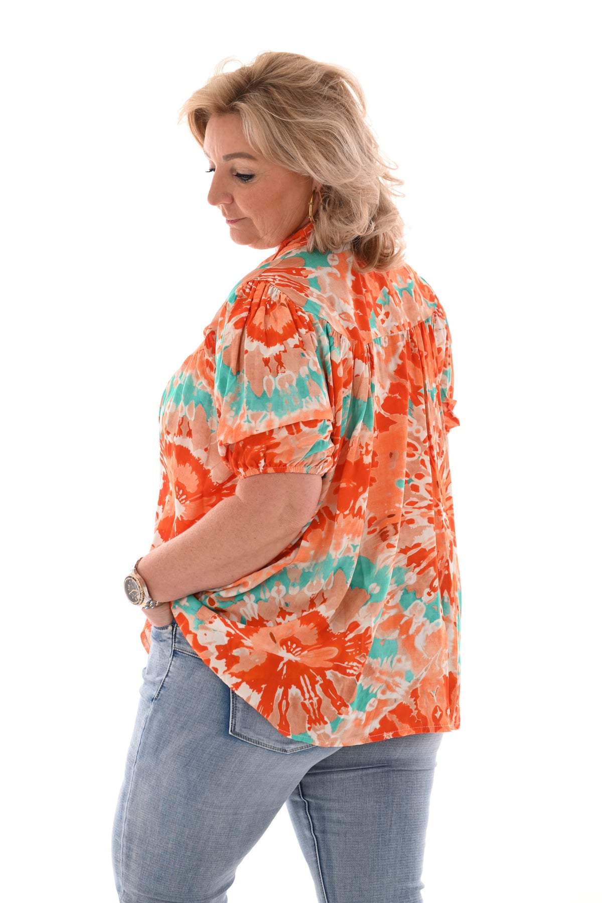 Top v-hals pofmouwen tie-dye oranje
