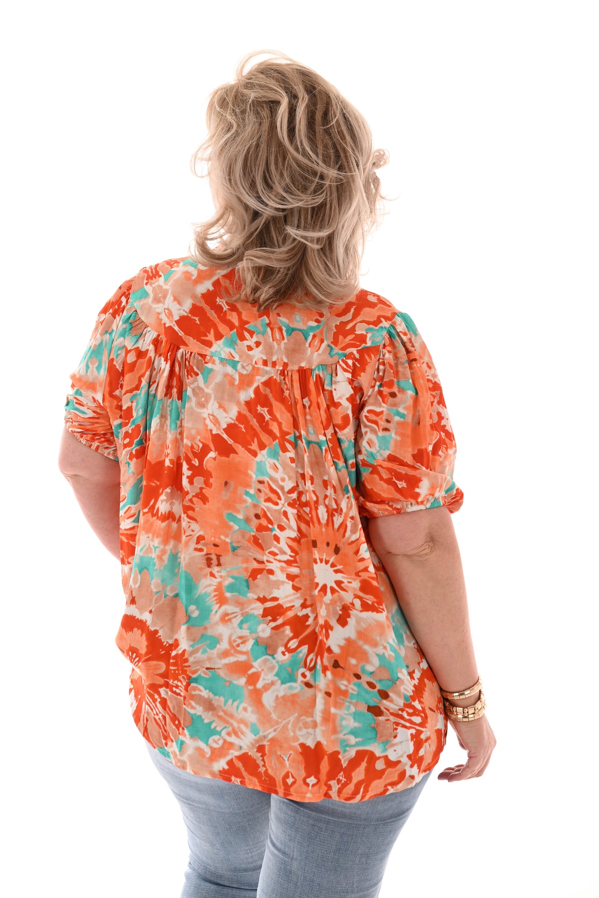 Top v-hals pofmouwen tie-dye oranje