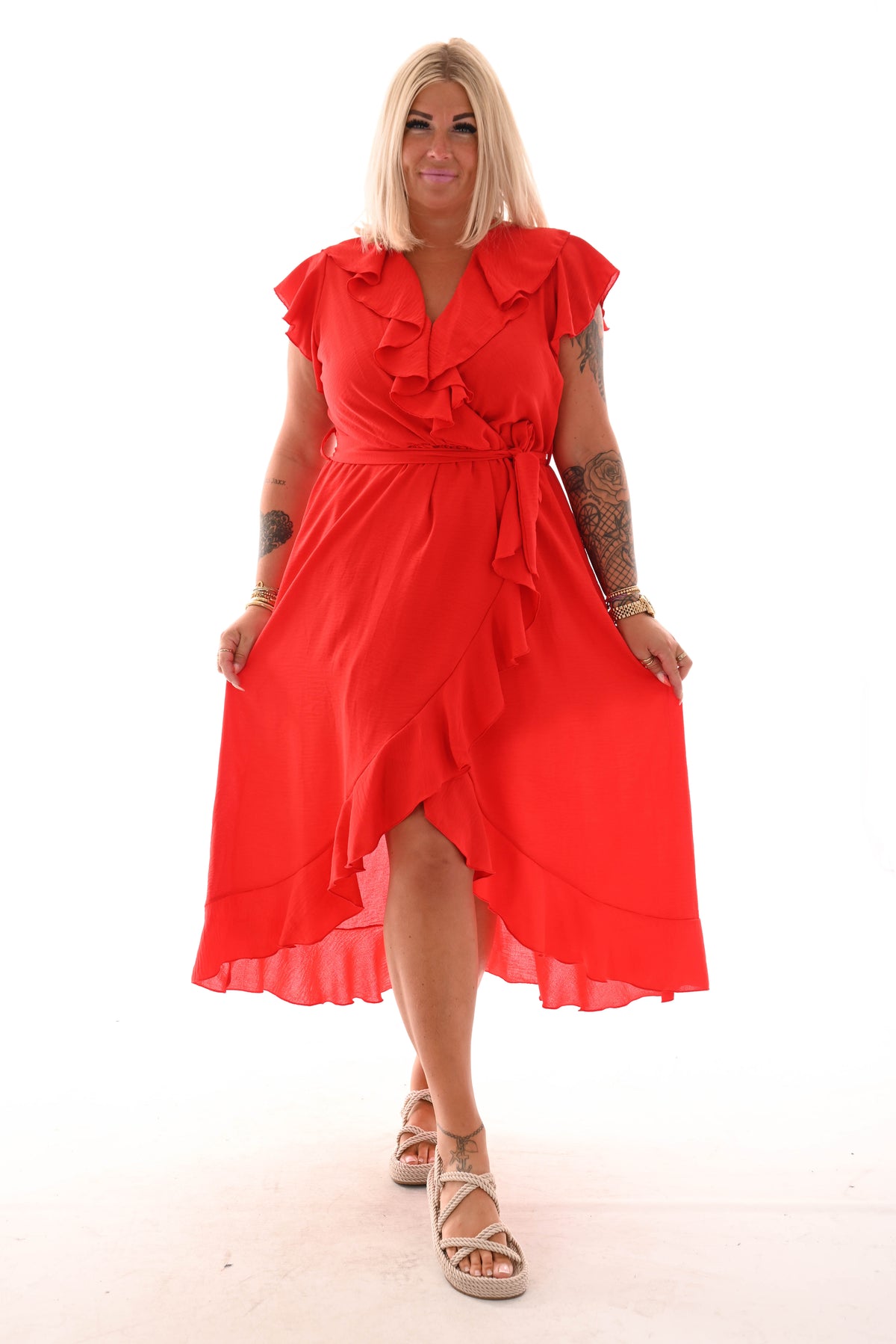 Maxi jurk roezel overslag uni rood