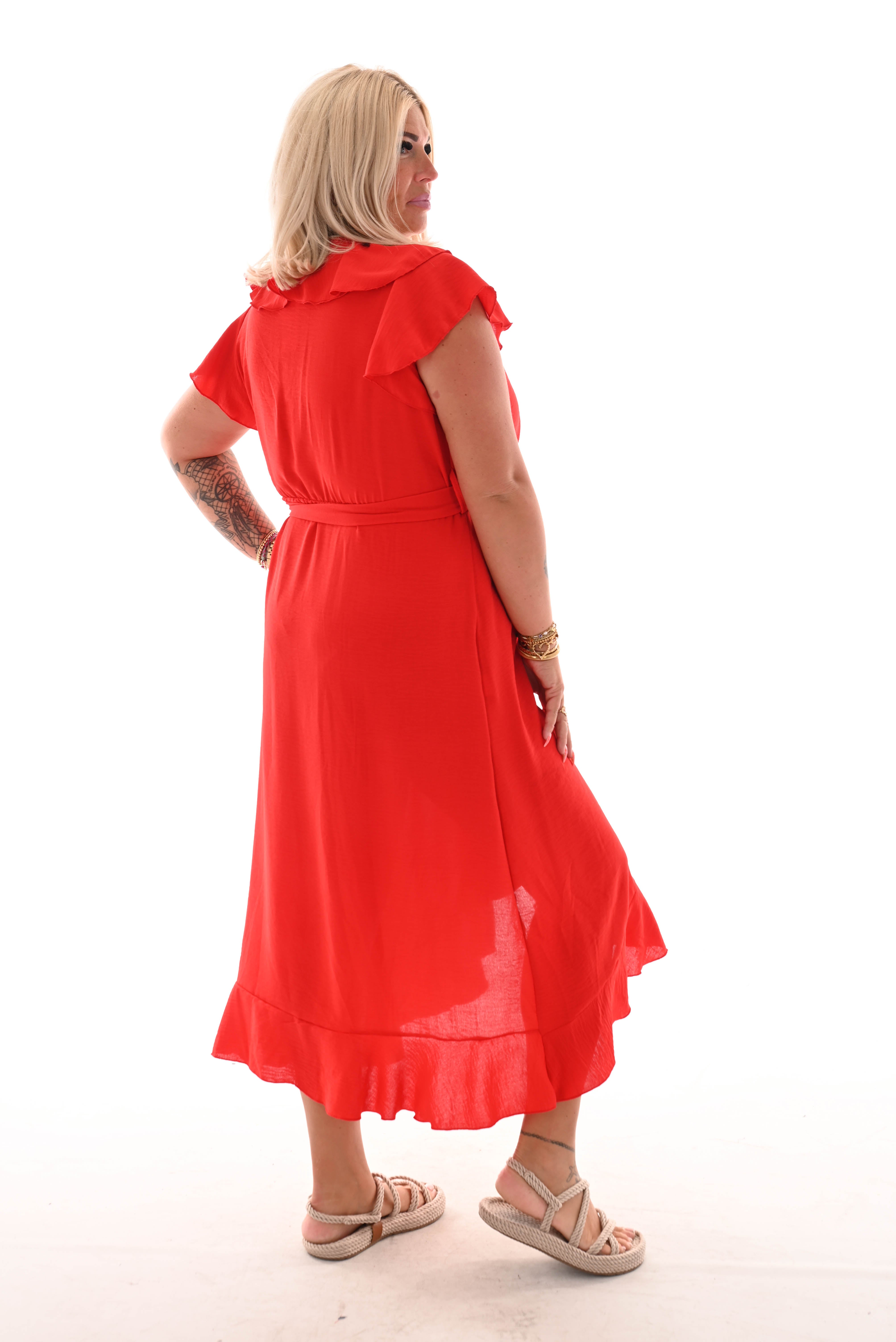 Maxi jurk roezel overslag uni rood